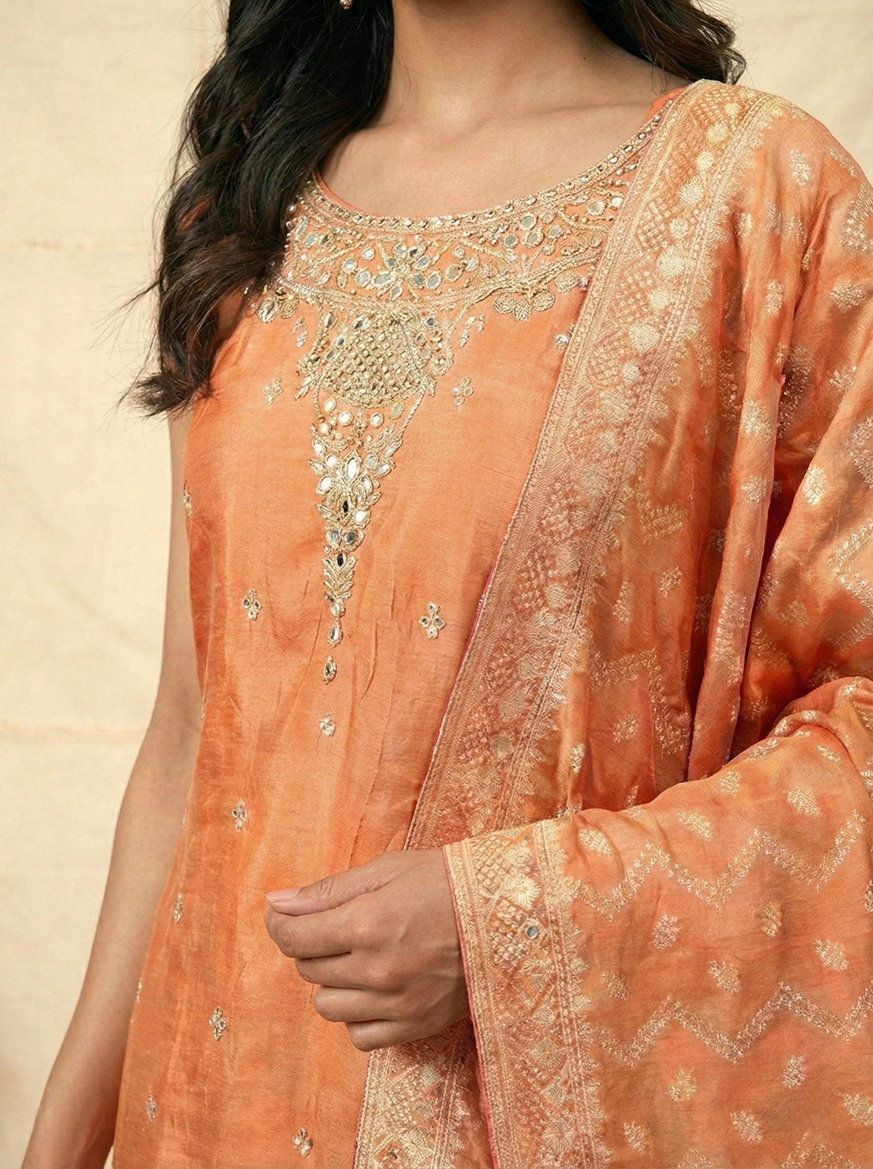 Orange Tissue Zari Embroidery Kurti And Palazzo With Dupatta - Image 4