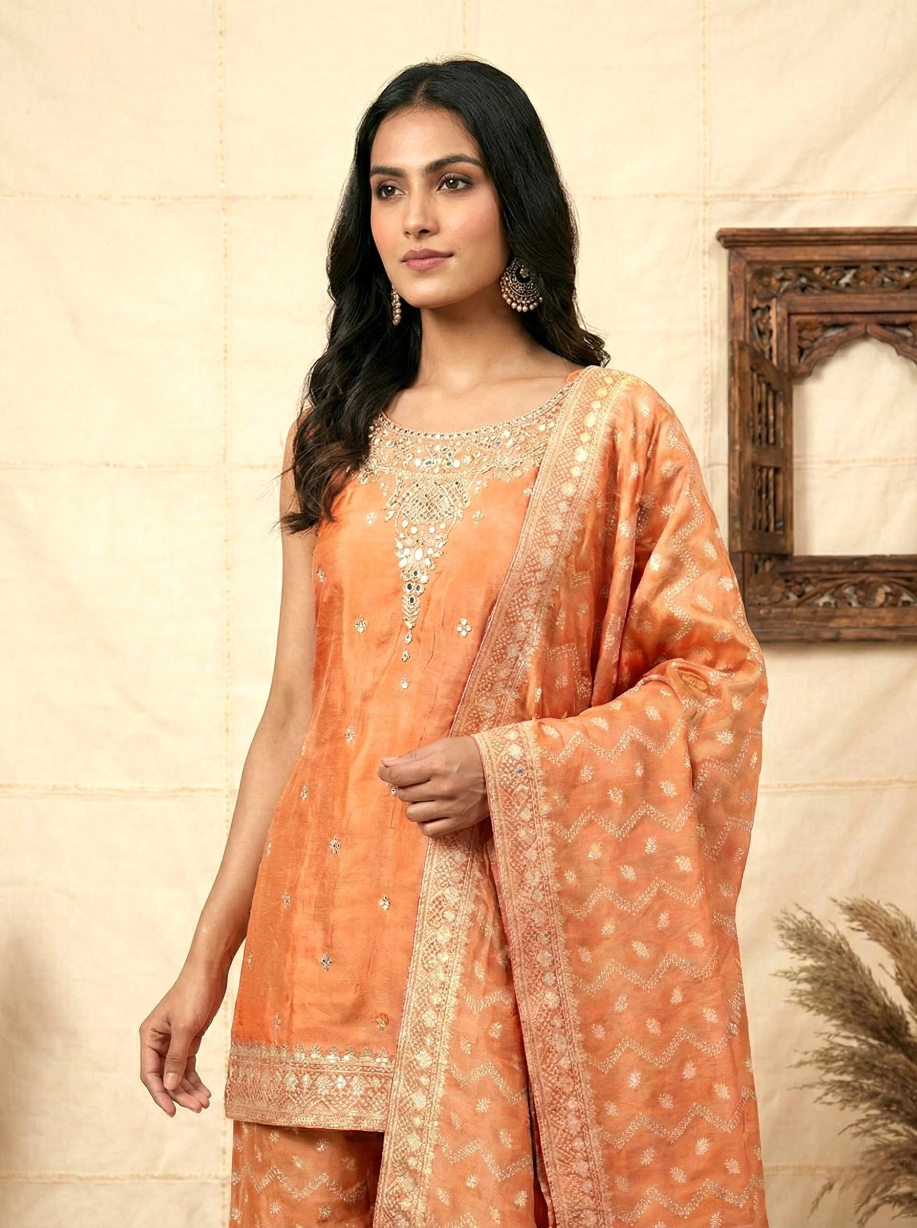 Orange Tissue Zari Embroidery Kurti And Palazzo With Dupatta - Image 5
