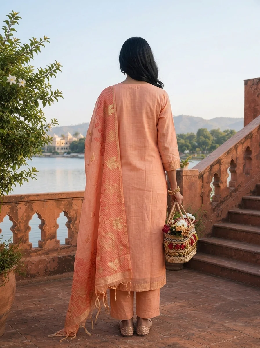 Peach Chanderi Silk Maple Leaf Weaved Three Piece Set - Image 4