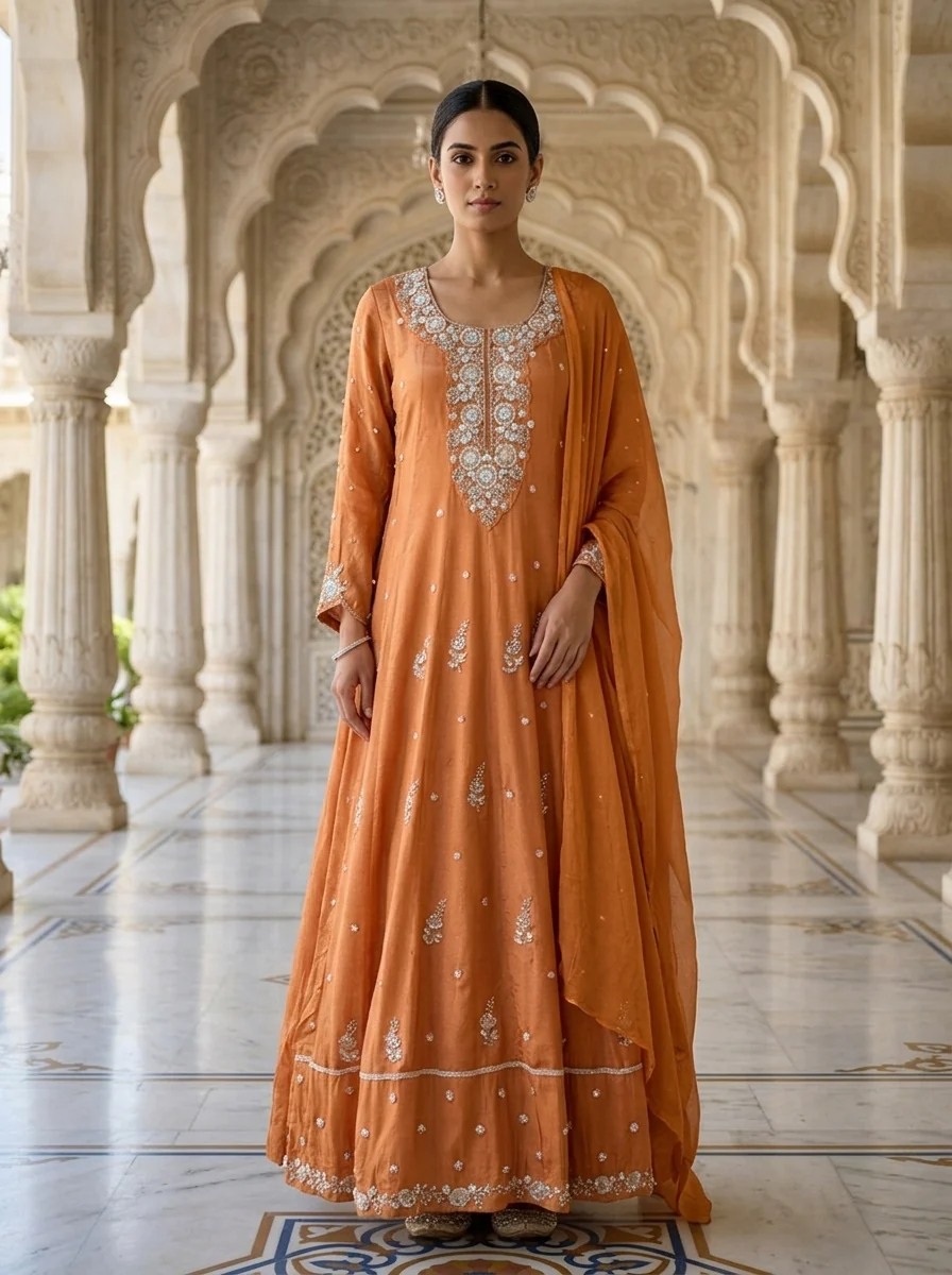 Peach Chinon Heavy Sequins Embroidery Anarkali Set