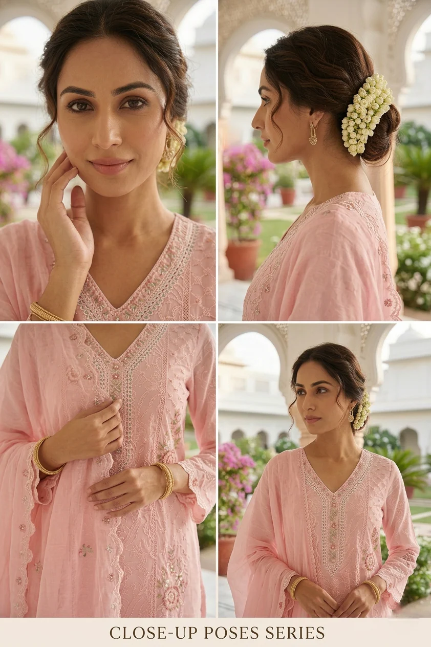 Peach Cotton Beads Embroidery Three Piece Set - Image 4