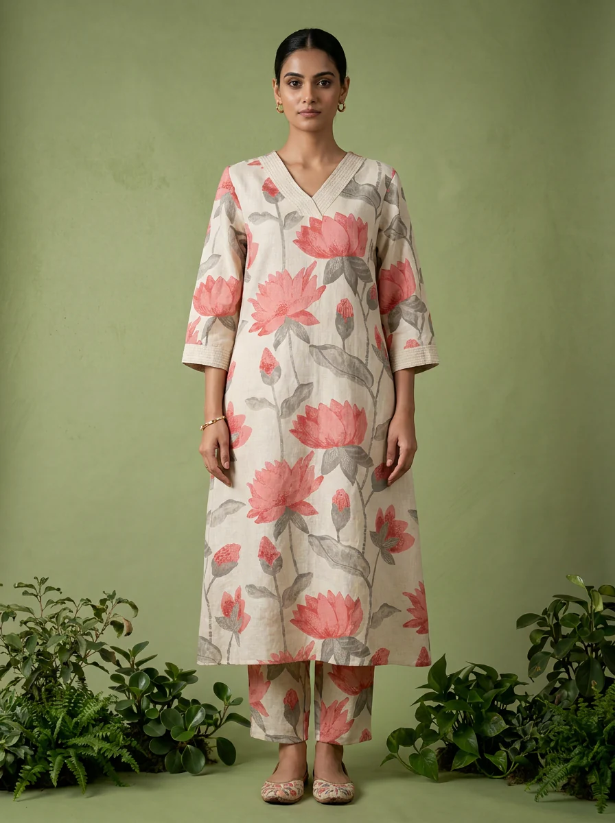 Peach Cotton Floral Printed Two Piece Set - Image 2
