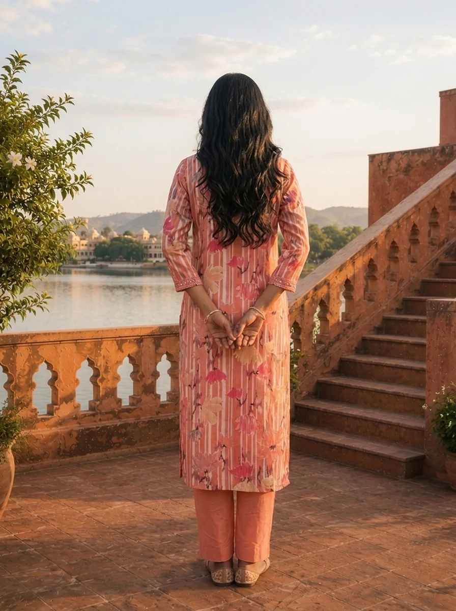 Peach Cotton Lotus Floral Printed Three Piece Set - Image 2