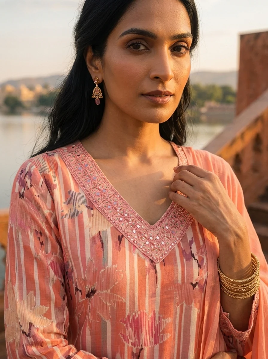 Peach Cotton Lotus Floral Printed Three Piece Set - Image 4