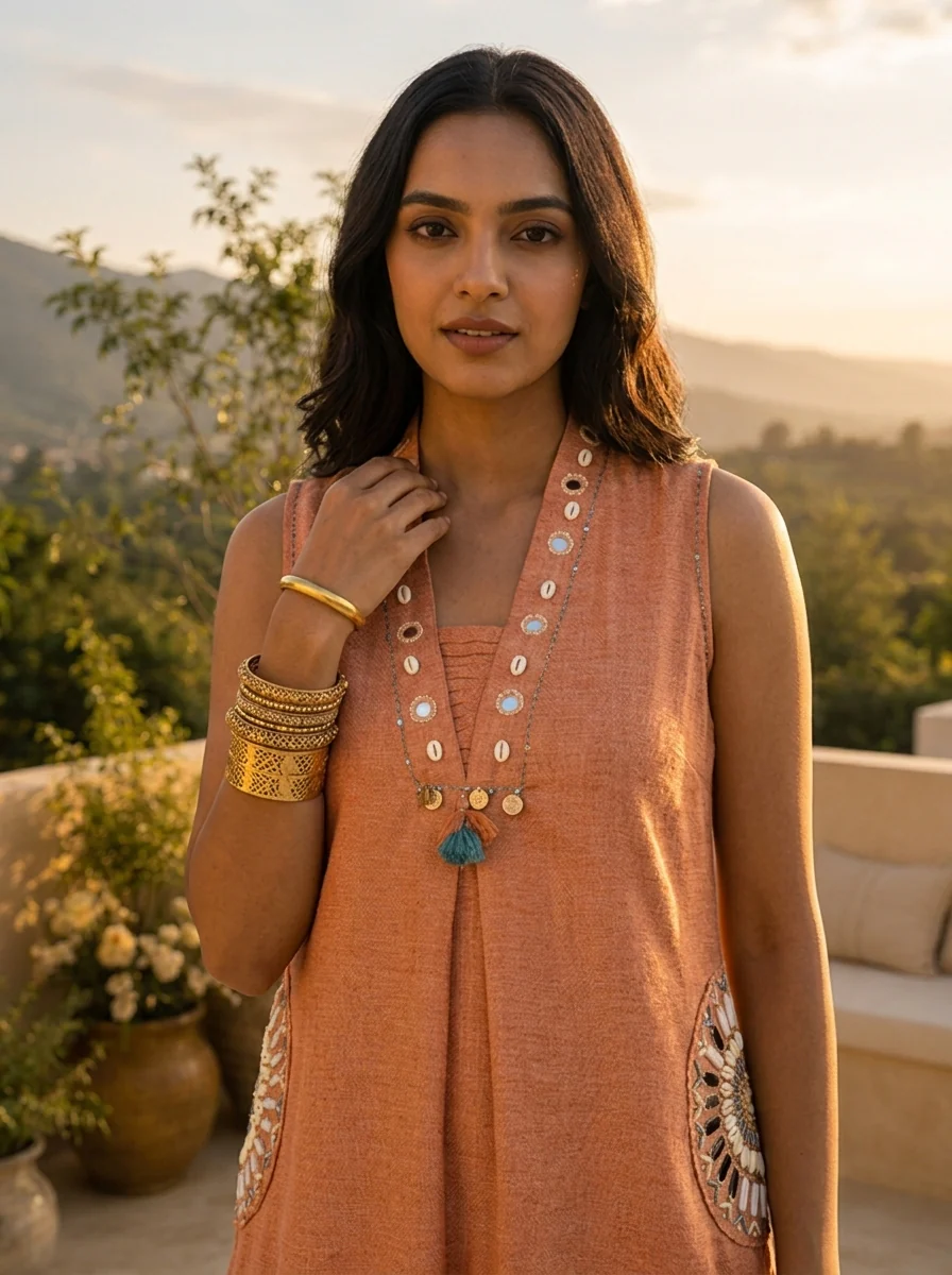 Peach Cotton Mirror Embroidery Two Piece Set - Image 4