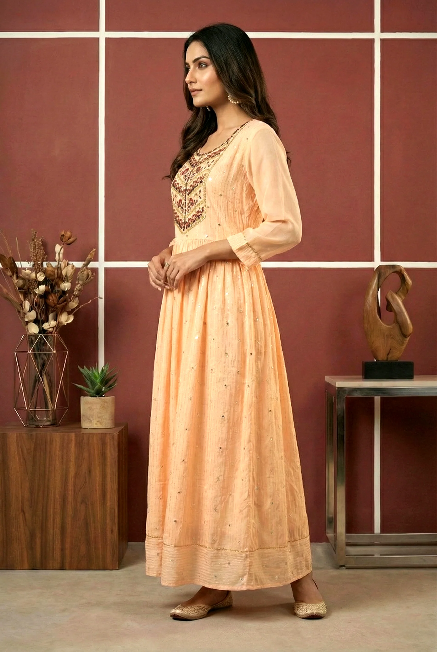 Peach Georgette Hand Embroidery Long Dress - Image 2