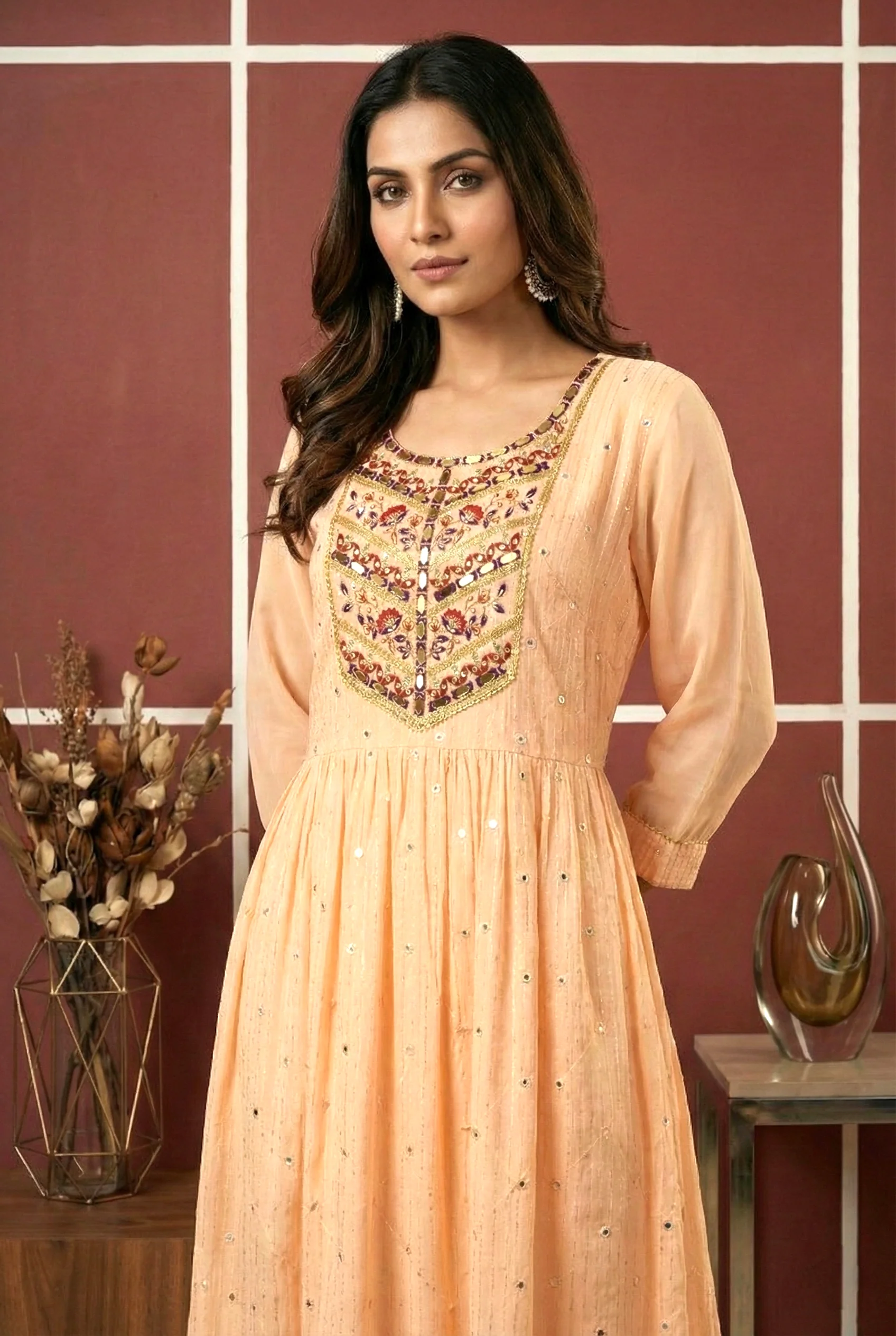 Peach Georgette Hand Embroidery Long Dress - Image 3