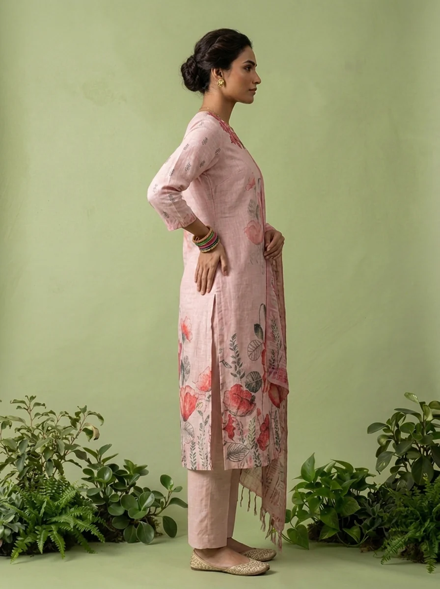 Peach Linen Floral Printed Three Piece Set - Image 2