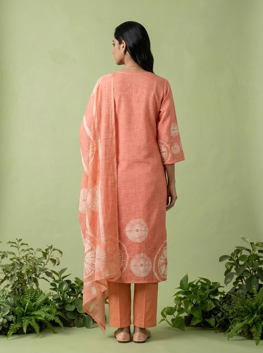 Peach Linen Floral Thread Embroidery And Printed Three Piece Set - Image 2
