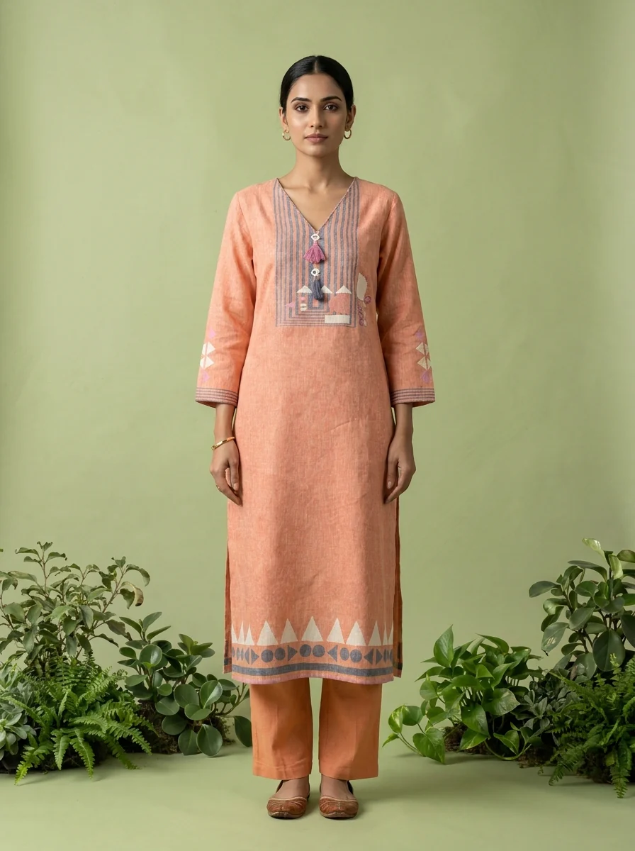 Peach Linen Hand Block Printed Two Piece Set - Image 2