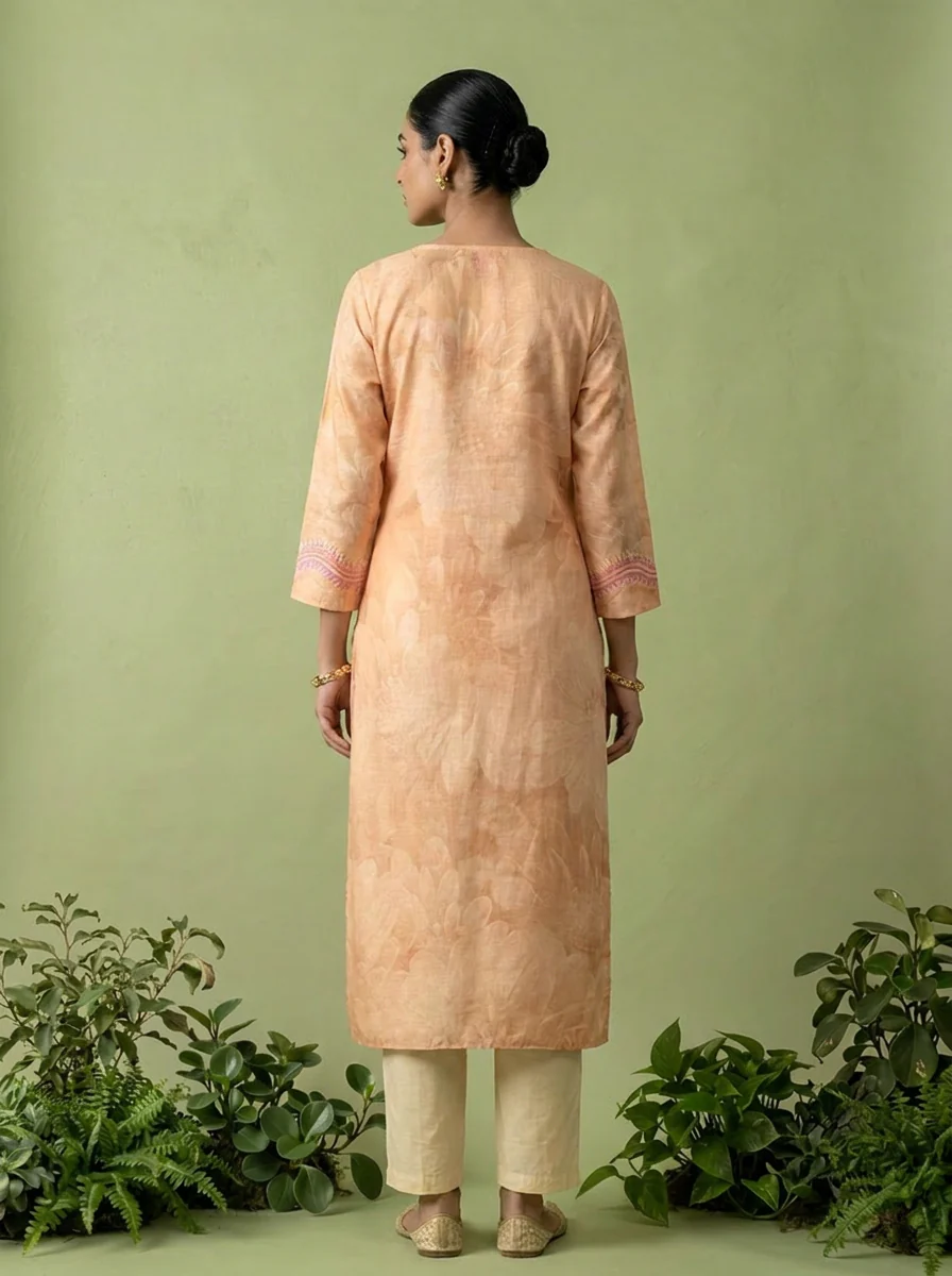 Peach Linen Printed And Thread Embroidered Kurta - Image 2