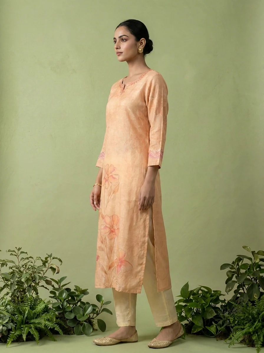 Peach Linen Printed And Thread Embroidered Kurta - Image 3