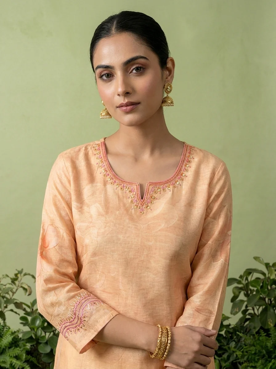 Peach Linen Printed And Thread Embroidered Kurta - Image 4