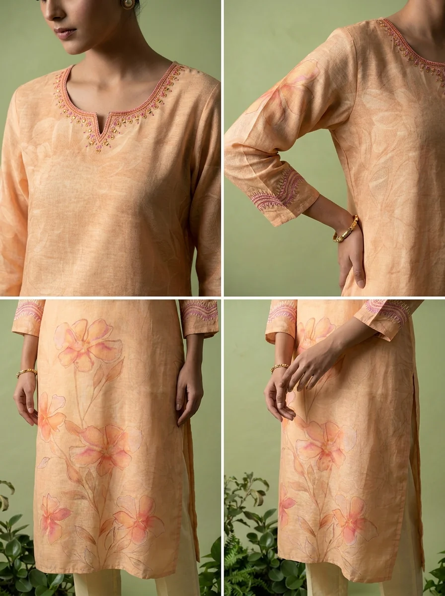 Peach Linen Printed And Thread Embroidered Kurta - Image 5