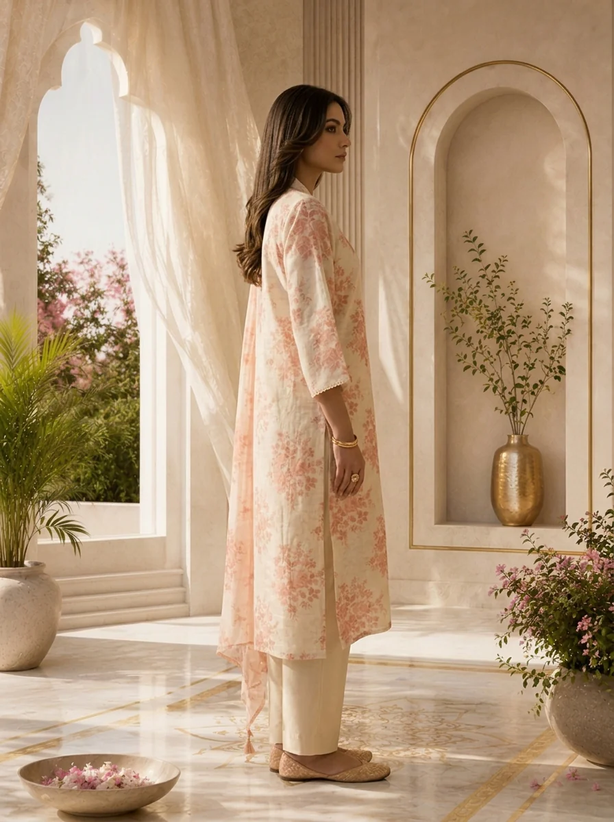 Peach Linen Printed Three Piece Set - Image 3