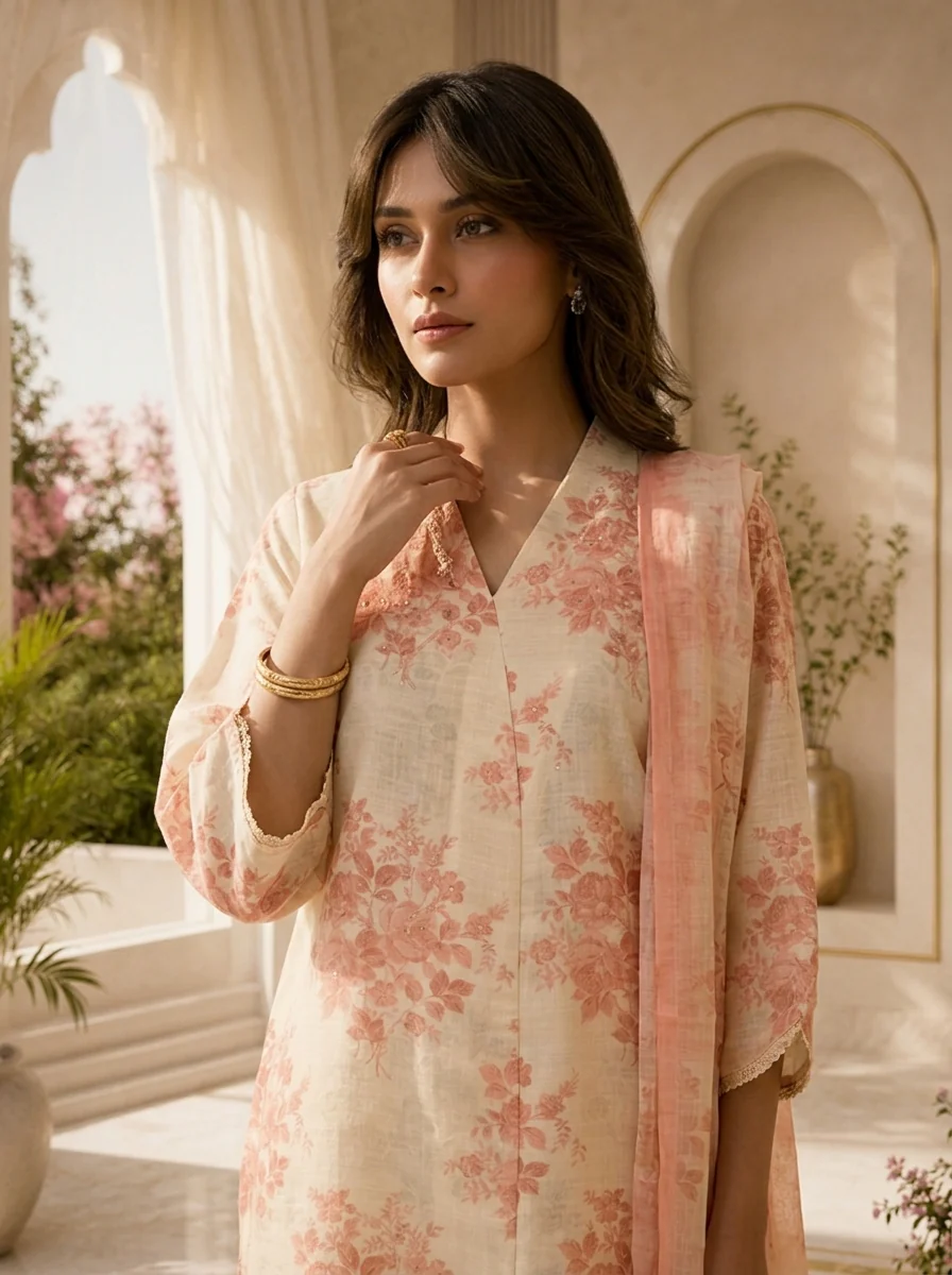 Peach Linen Printed Three Piece Set - Image 4