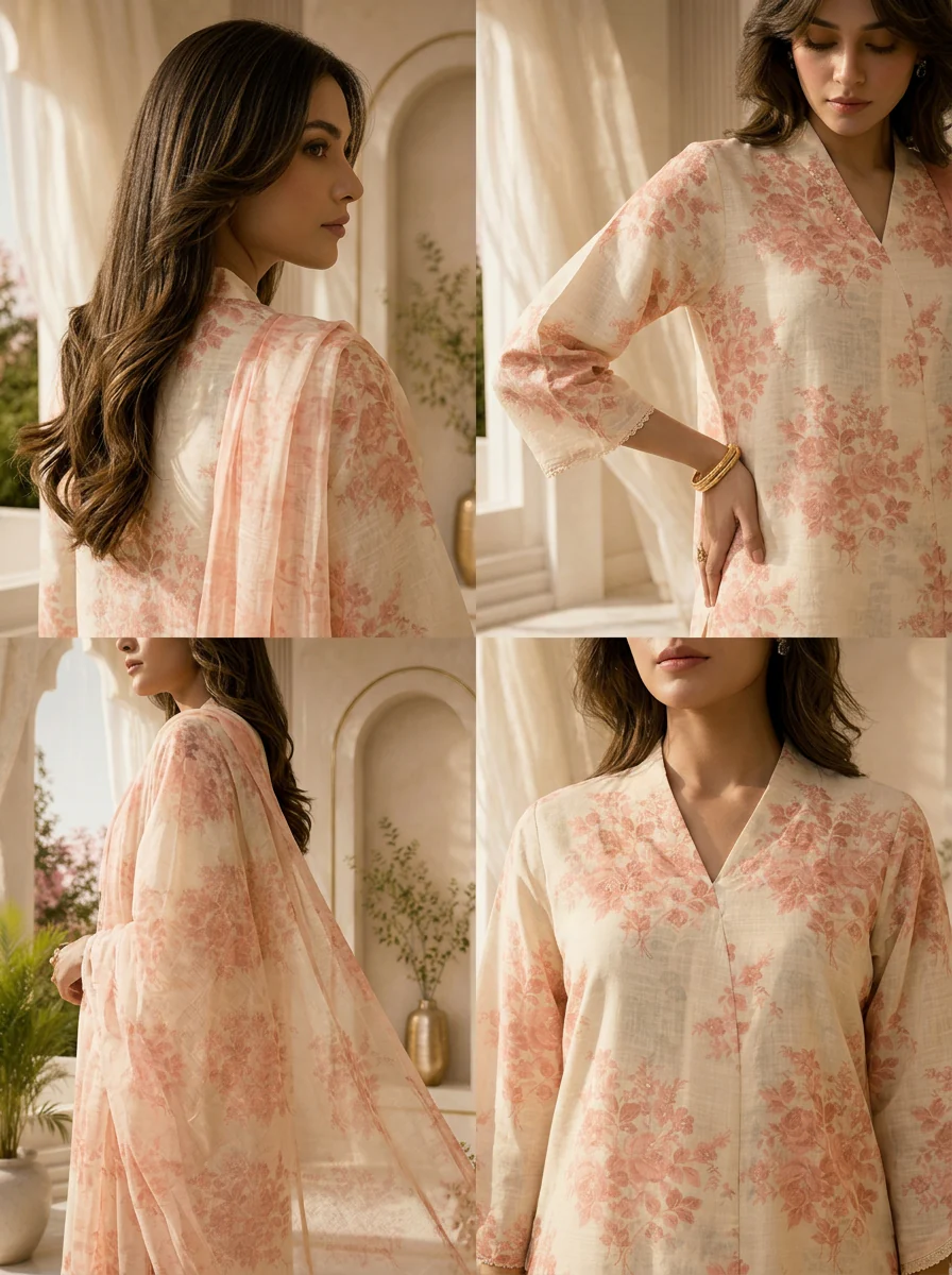 Peach Linen Printed Three Piece Set - Image 5