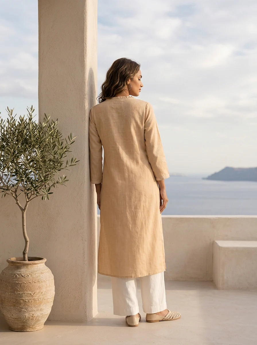 Peach Linen Solid Design And Patch Embroidered Kurta - Image 2