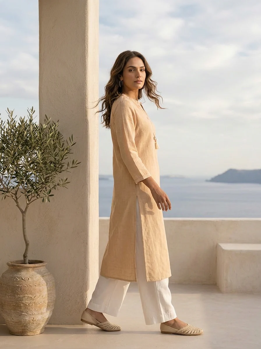 Peach Linen Solid Design And Patch Embroidered Kurta - Image 3