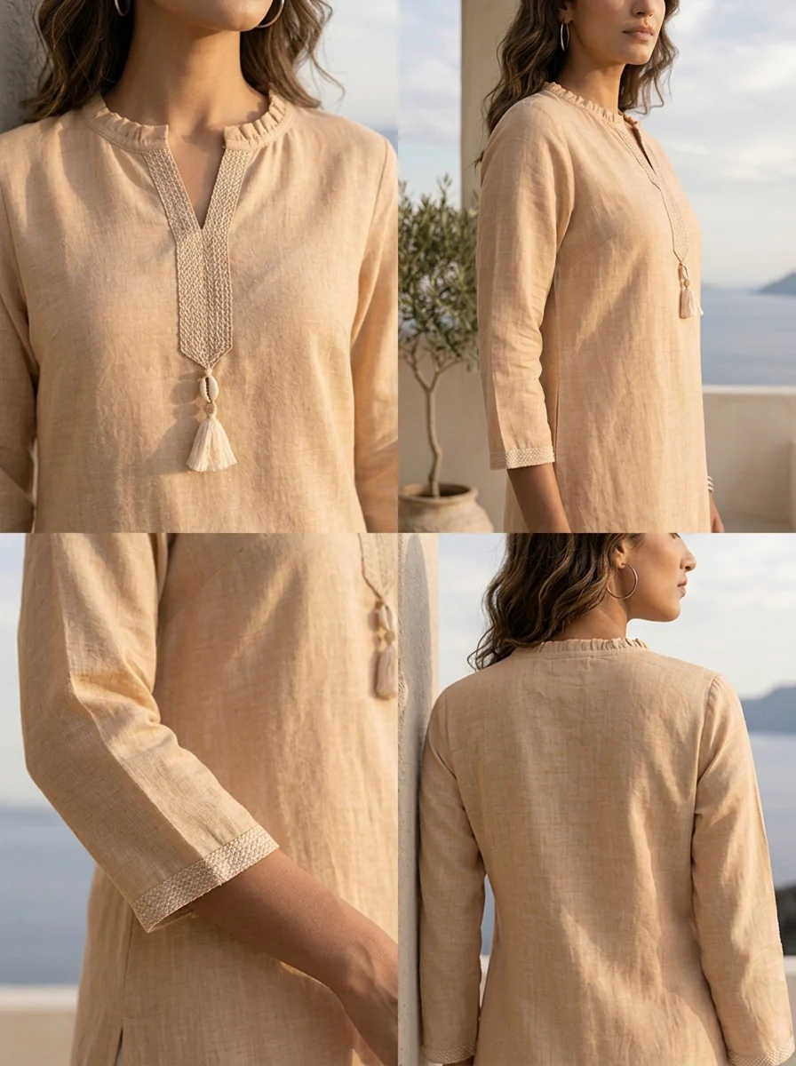 Peach Linen Solid Design And Patch Embroidered Kurta - Image 5