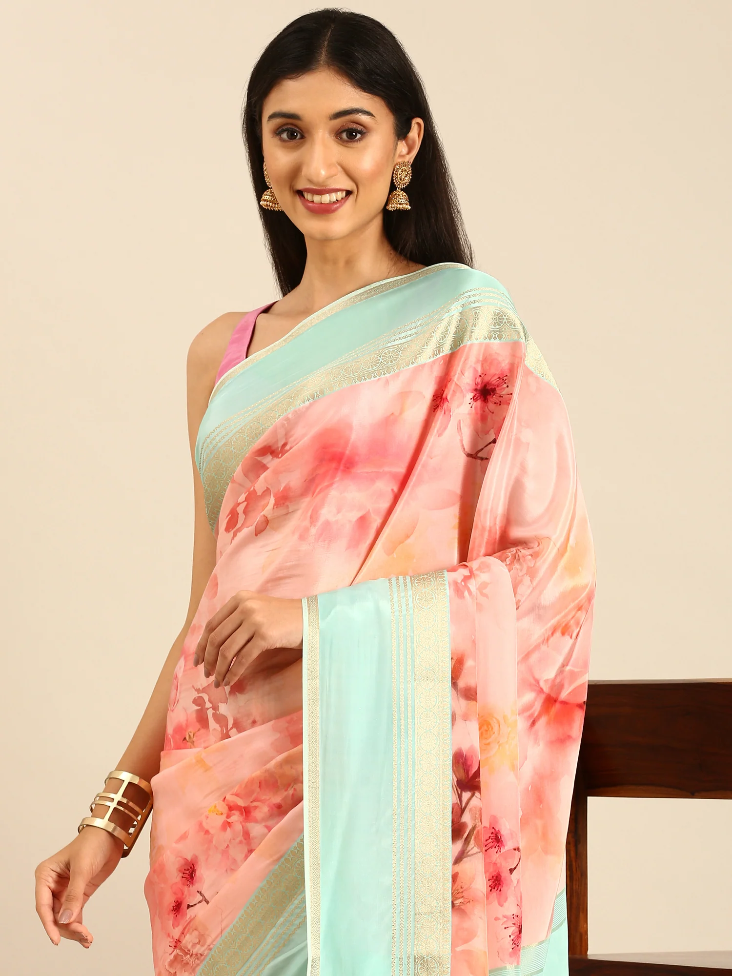 Peach Mysore Crepe Saree With Zari Contrast Border - Image 2