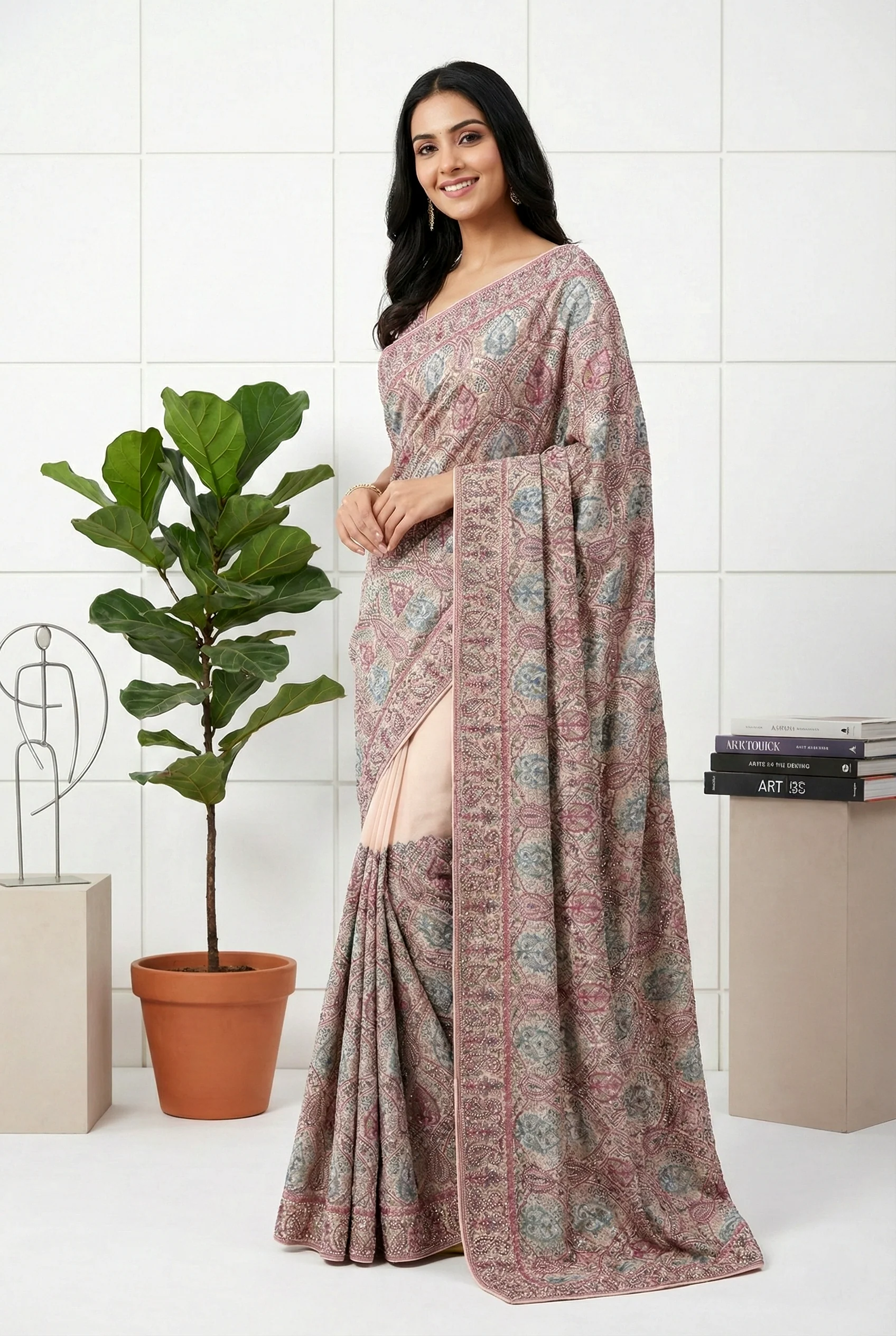 Peach Organza Beads And Stone Embroidery Saree