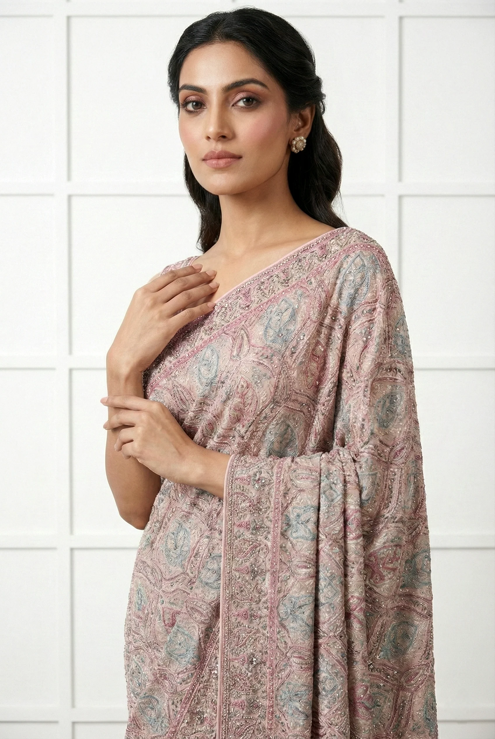Peach Organza Beads And Stone Embroidery Saree - Image 2