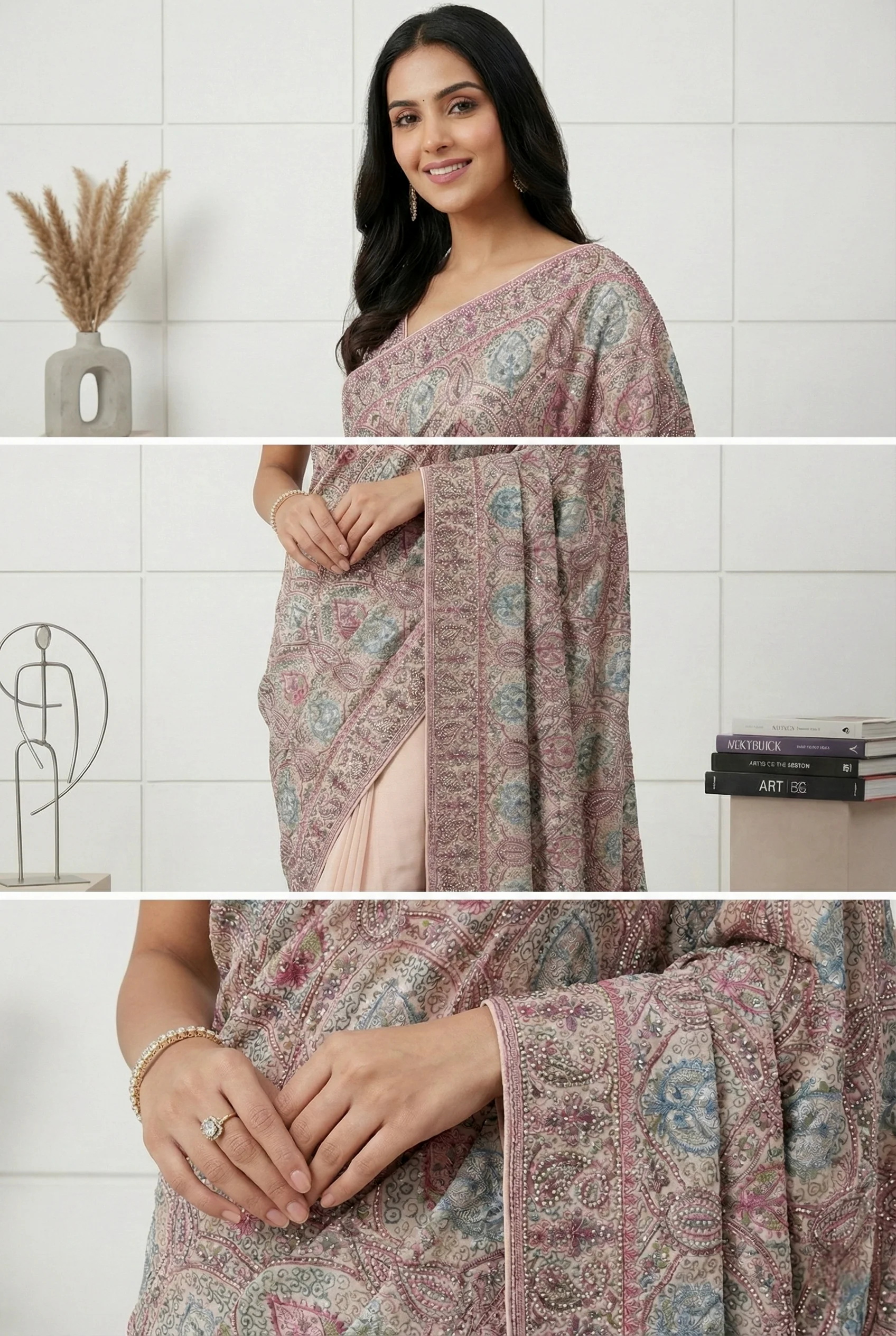 Peach Organza Beads And Stone Embroidery Saree - Image 3