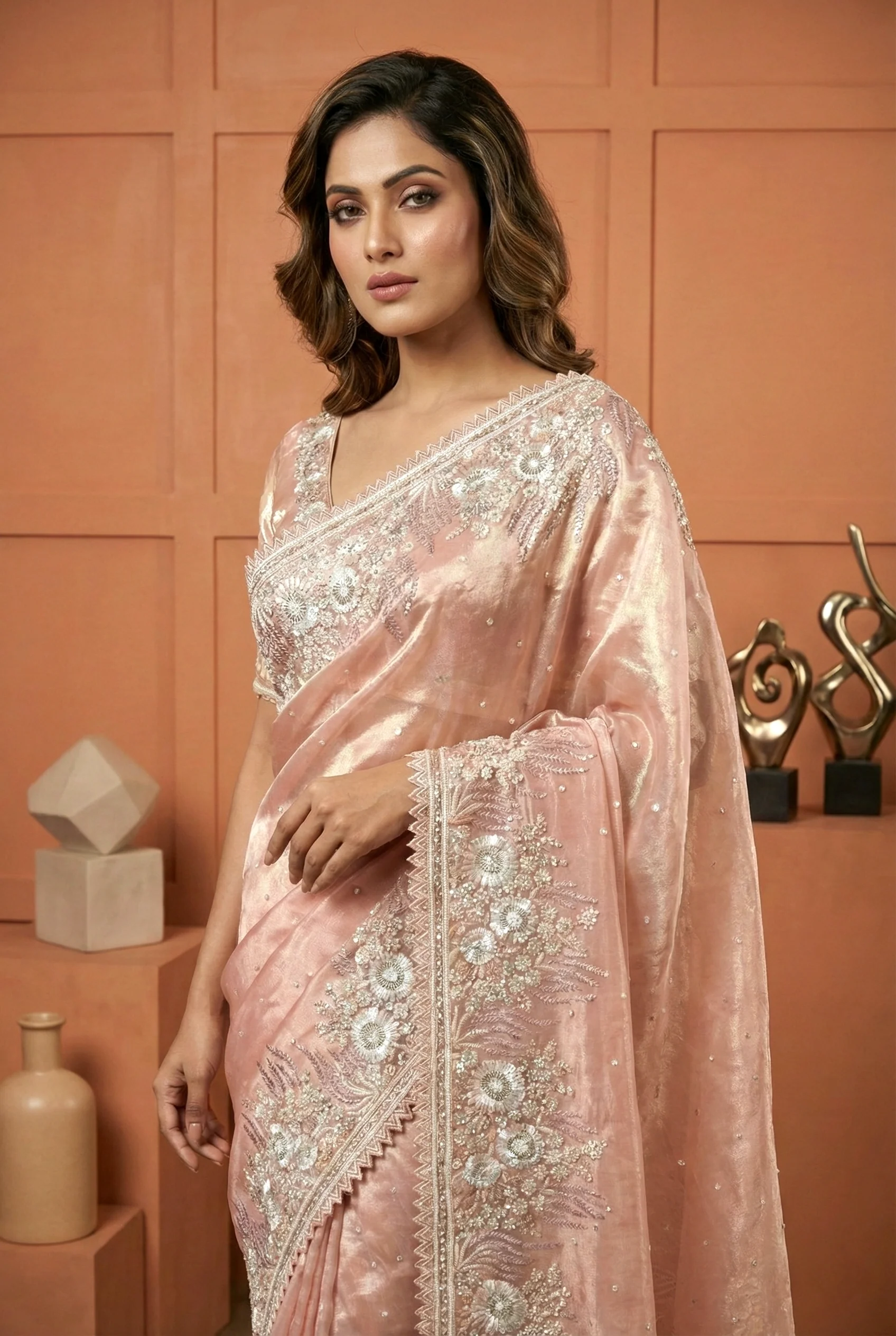 Peach Organza Floral Embroidered Saree - Image 3