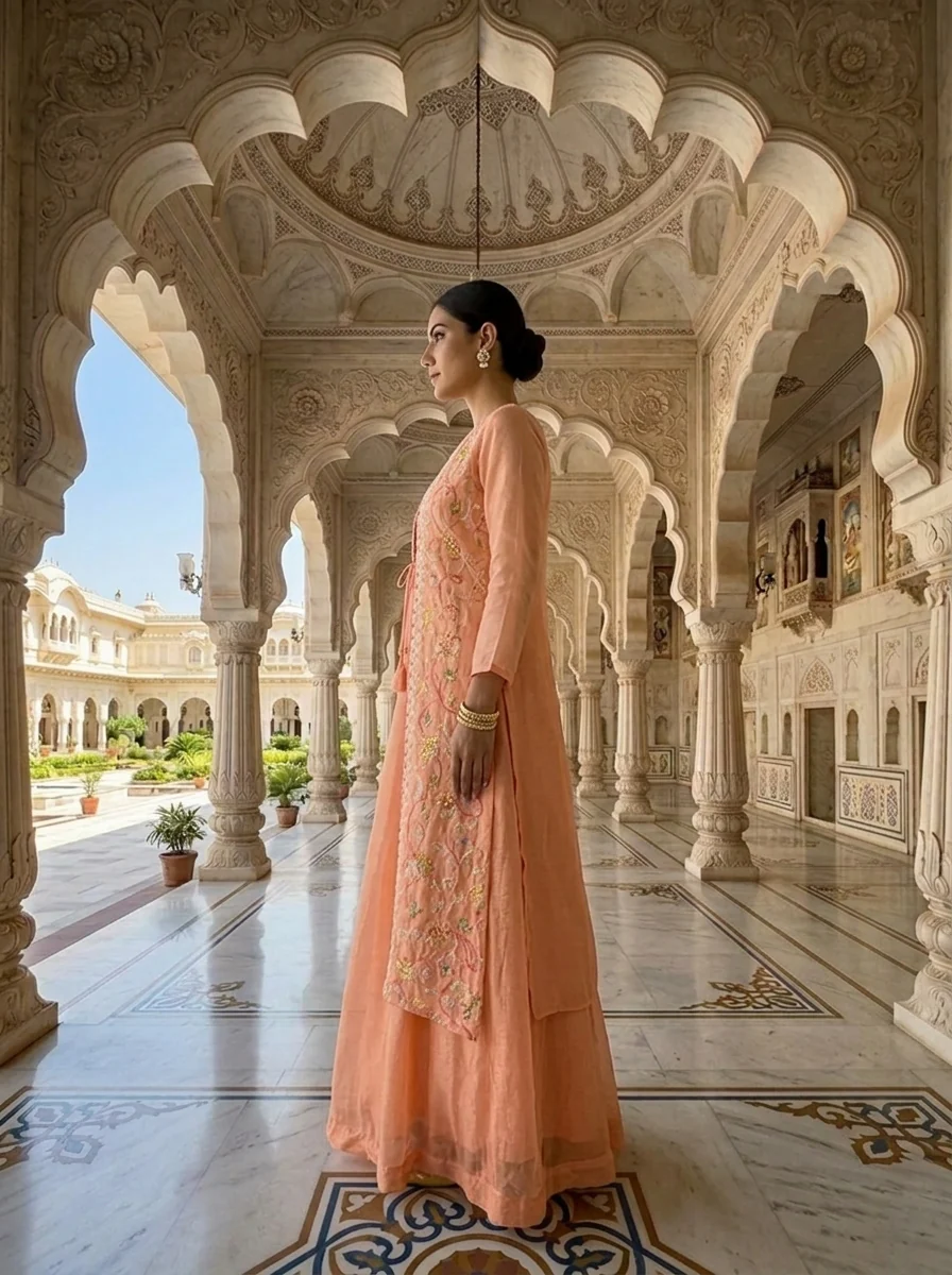 Peach Organza Floral Thread Embroidery Anarkali With Jacket - Image 3