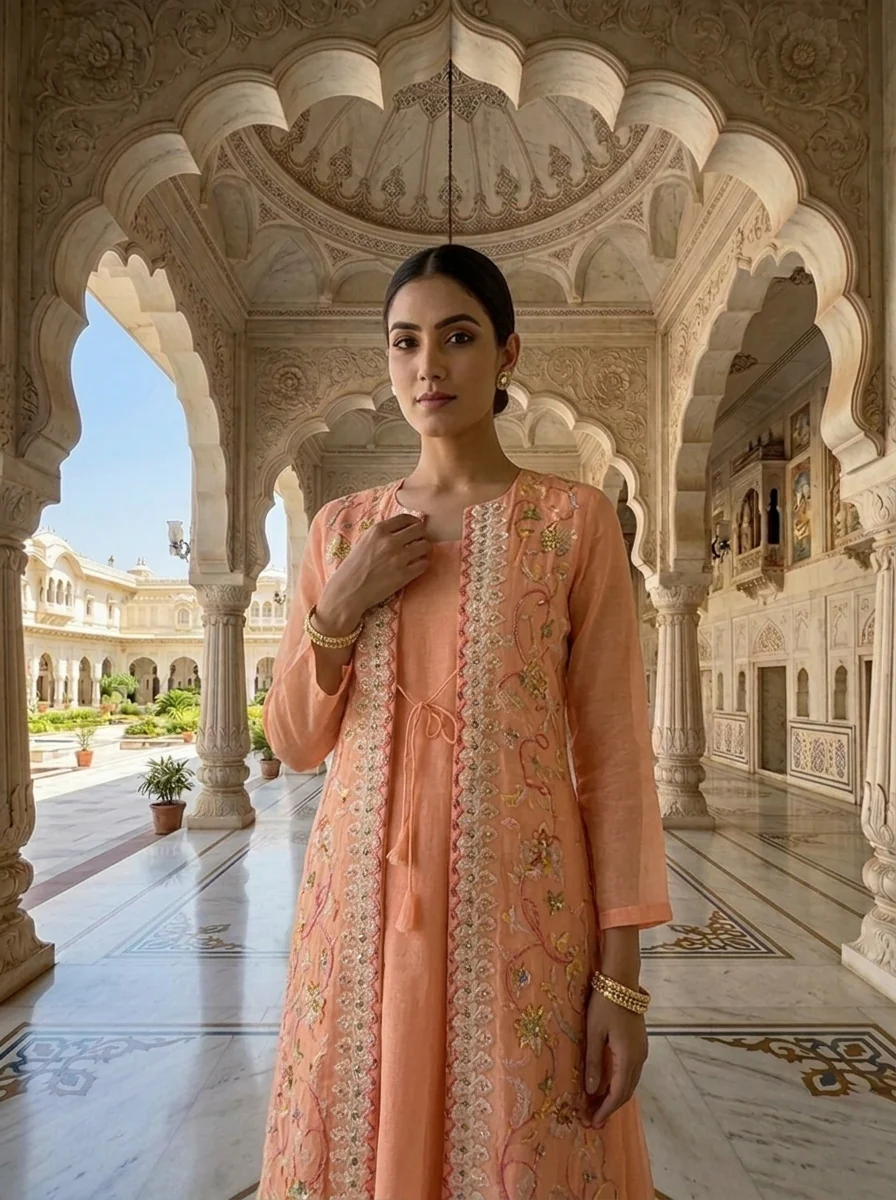 Peach Organza Floral Thread Embroidery Anarkali With Jacket - Image 4