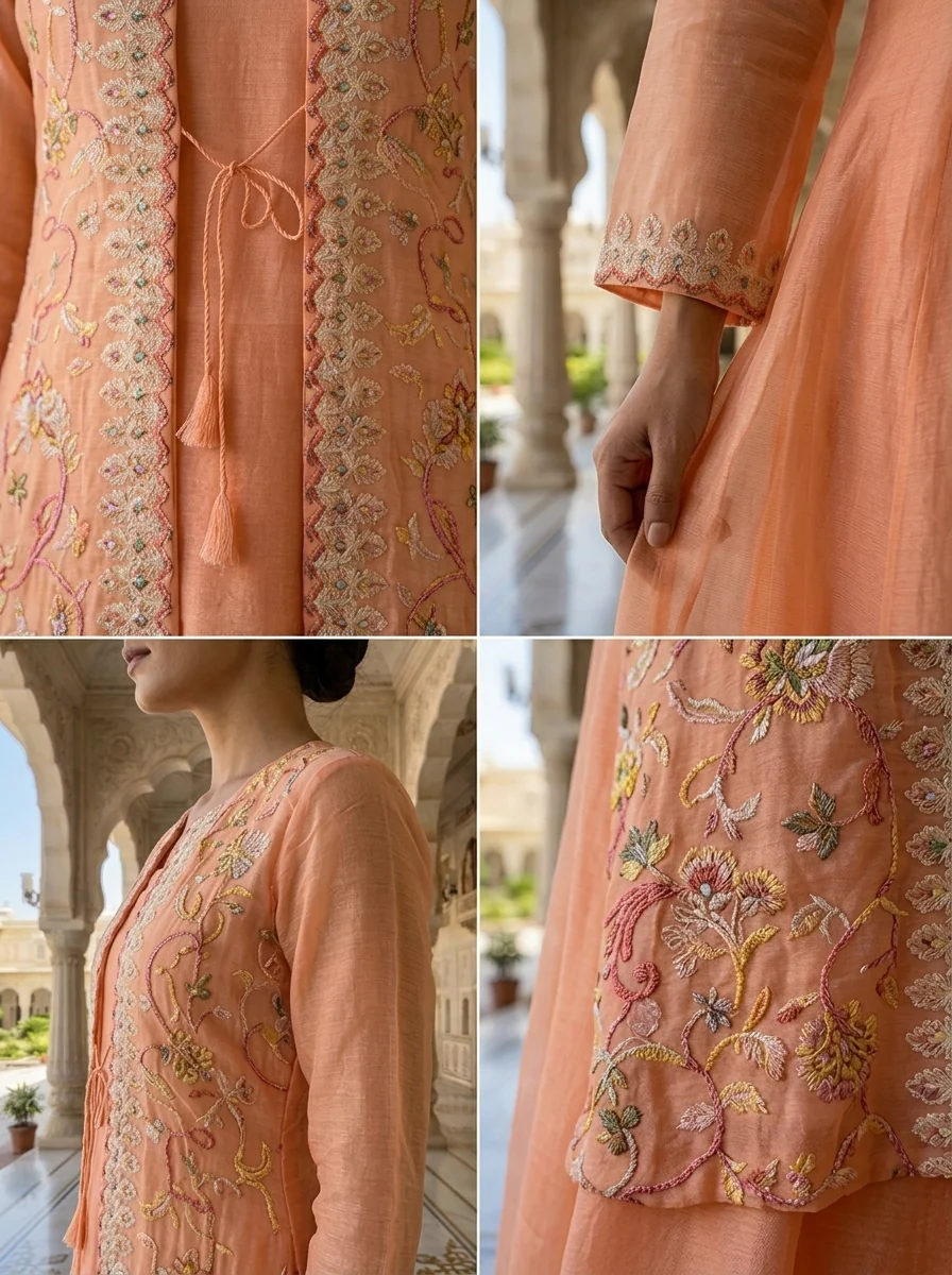 Peach Organza Floral Thread Embroidery Anarkali With Jacket - Image 5