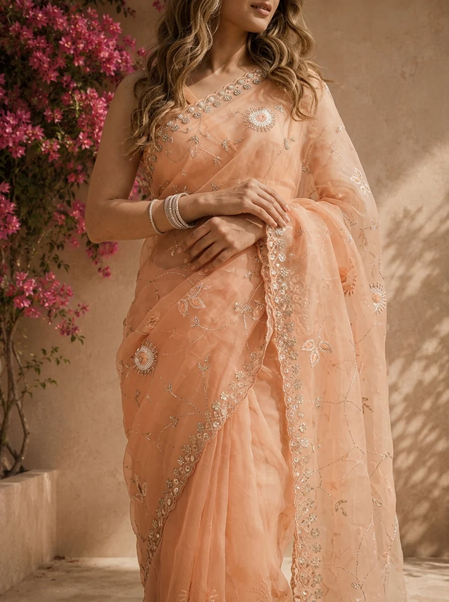 Peach Organza Mirror And Stone Embroidered Saree With Embellished Border - Image 3