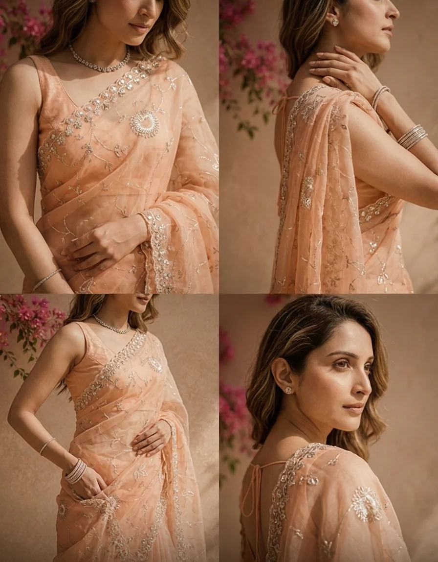 Peach Organza Mirror And Stone Embroidered Saree With Embellished Border - Image 4