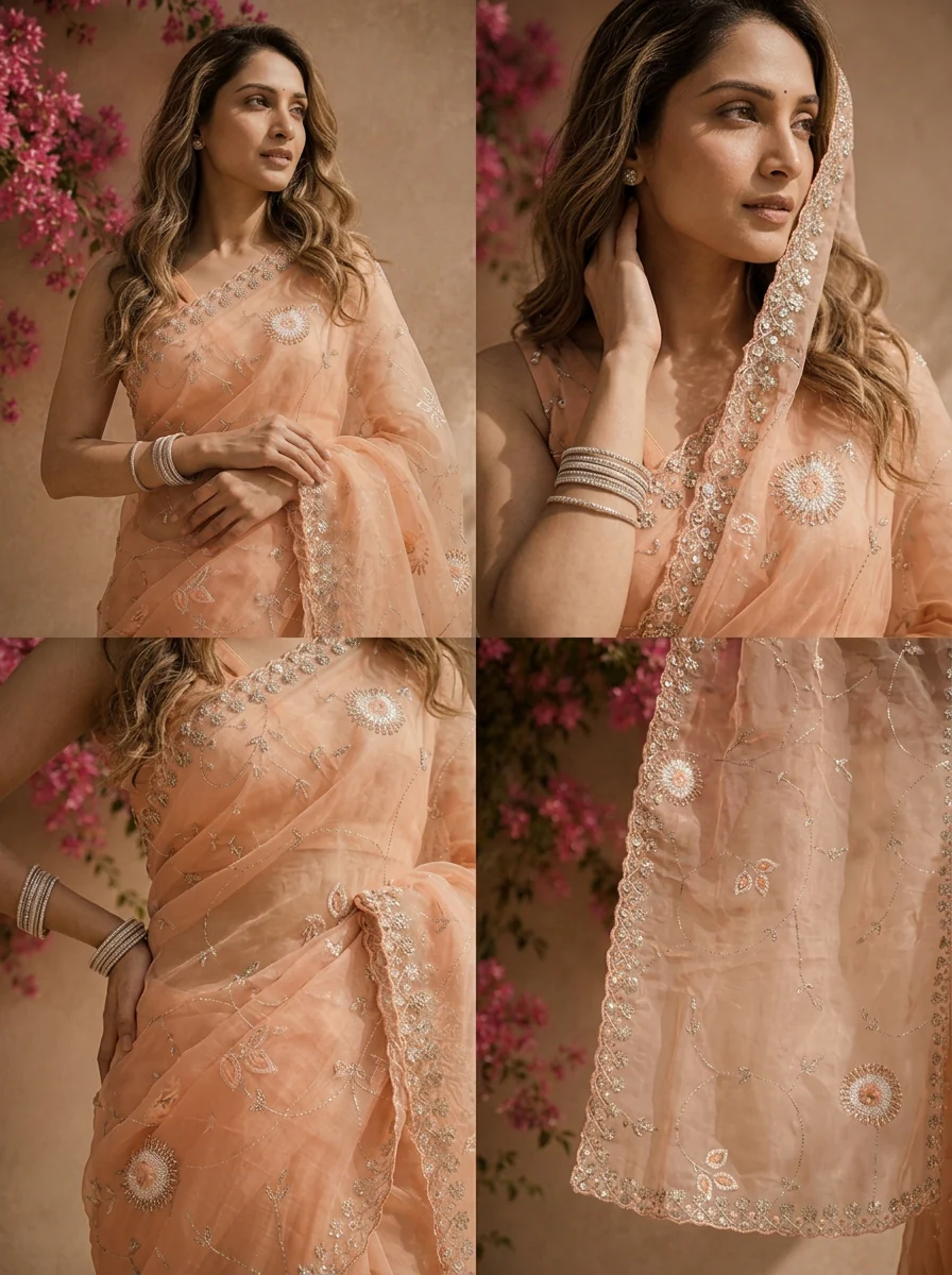 Peach Organza Mirror And Stone Embroidered Saree With Embellished Border - Image 5