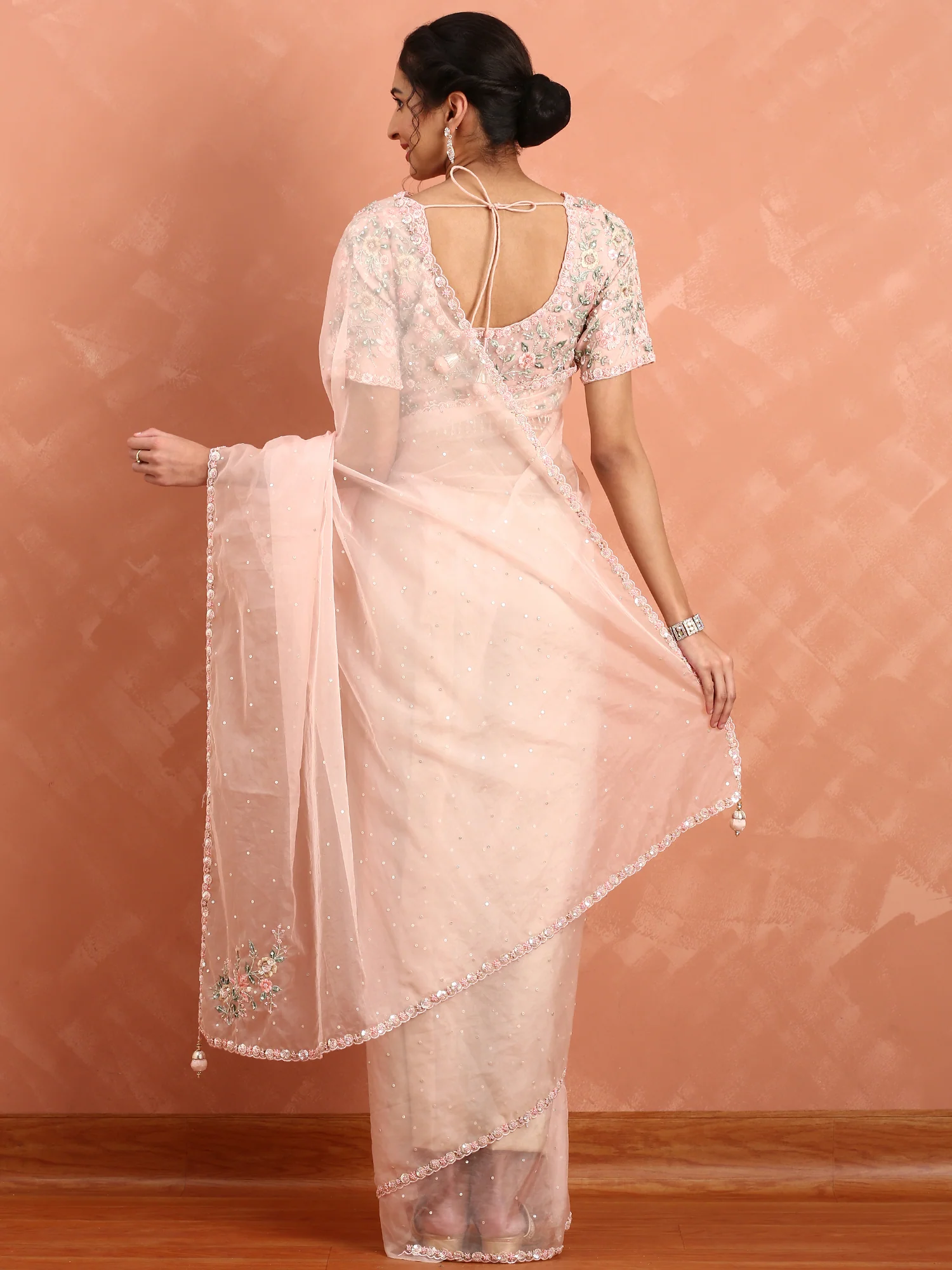 Peach Organza saree Resham & cut Dana heavy embroidery with ready made blouse - Image 2