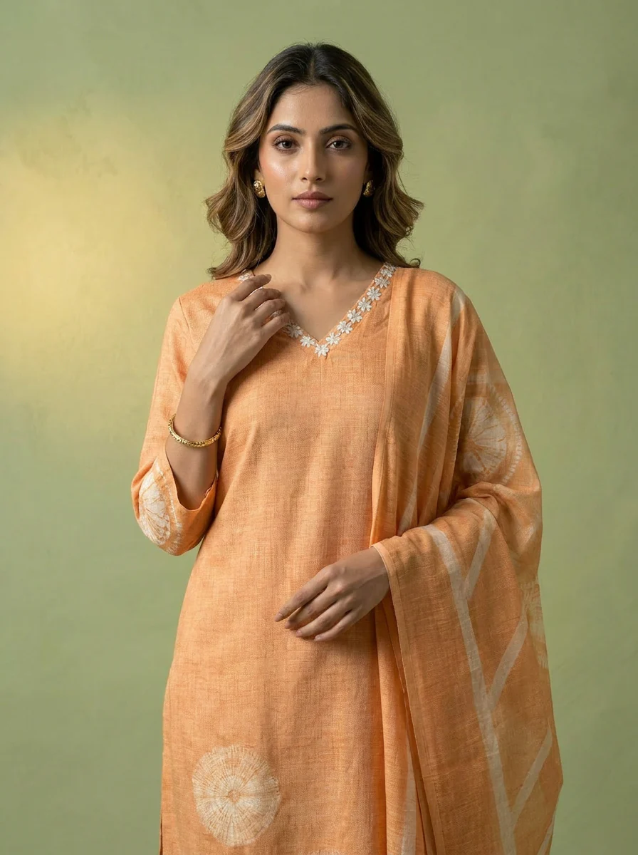 Peach Printed Linen Three Piece Set - Image 4
