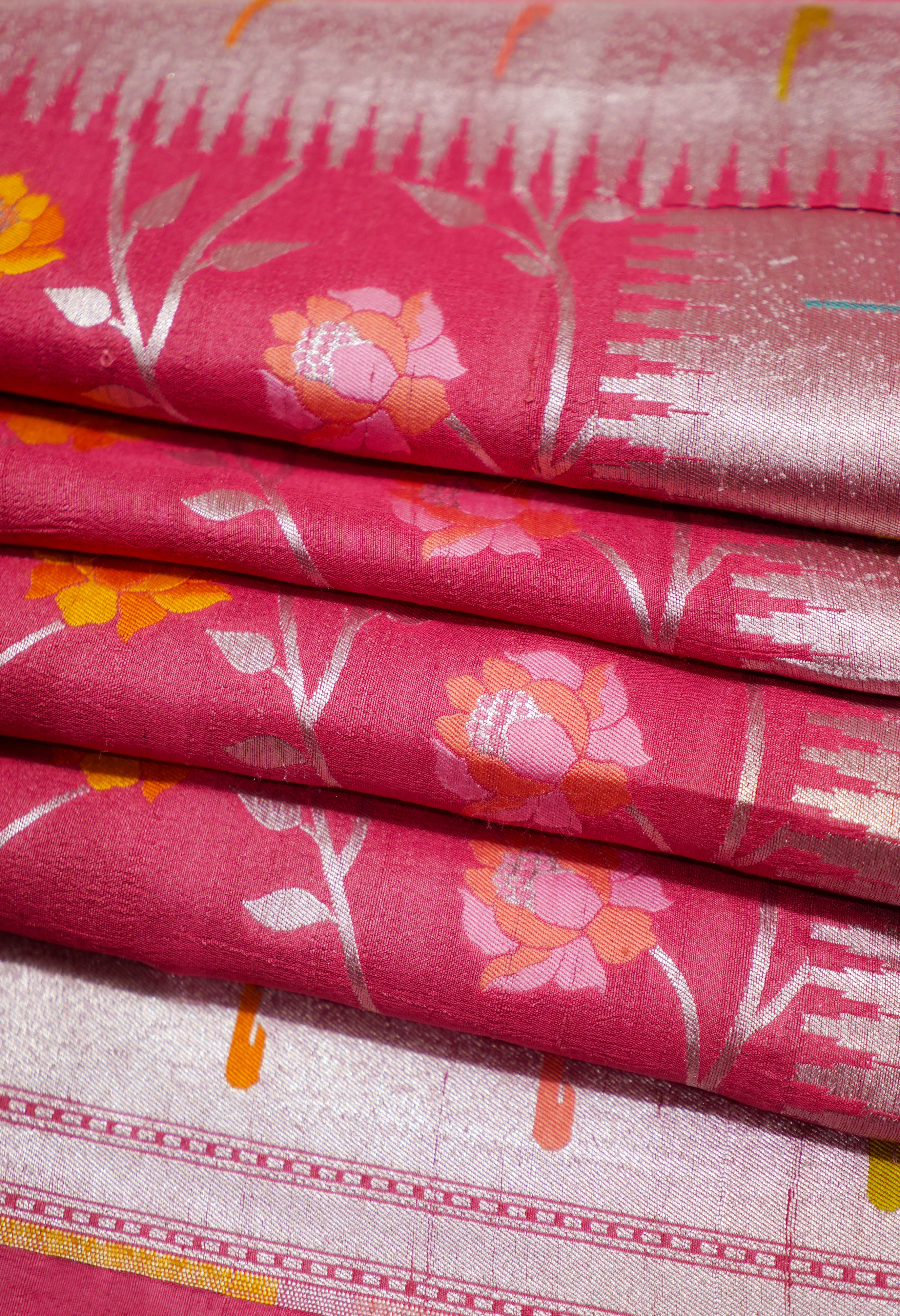 Peach Pure Handloom Tussar With Paithani Muniya Border All Over Multicolour Flowers - Image 5