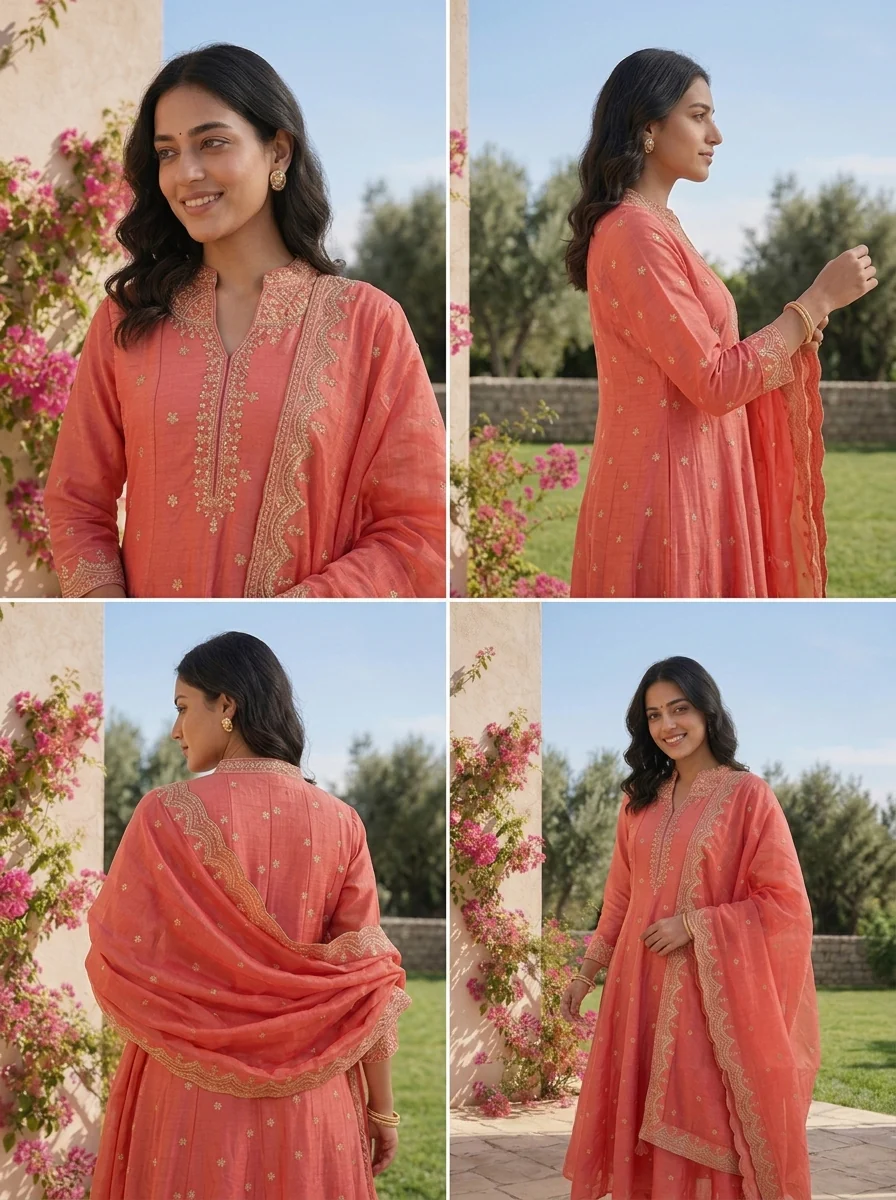 Peach Tissue Floral Zari Embroidered Three Piece Set - Image 5