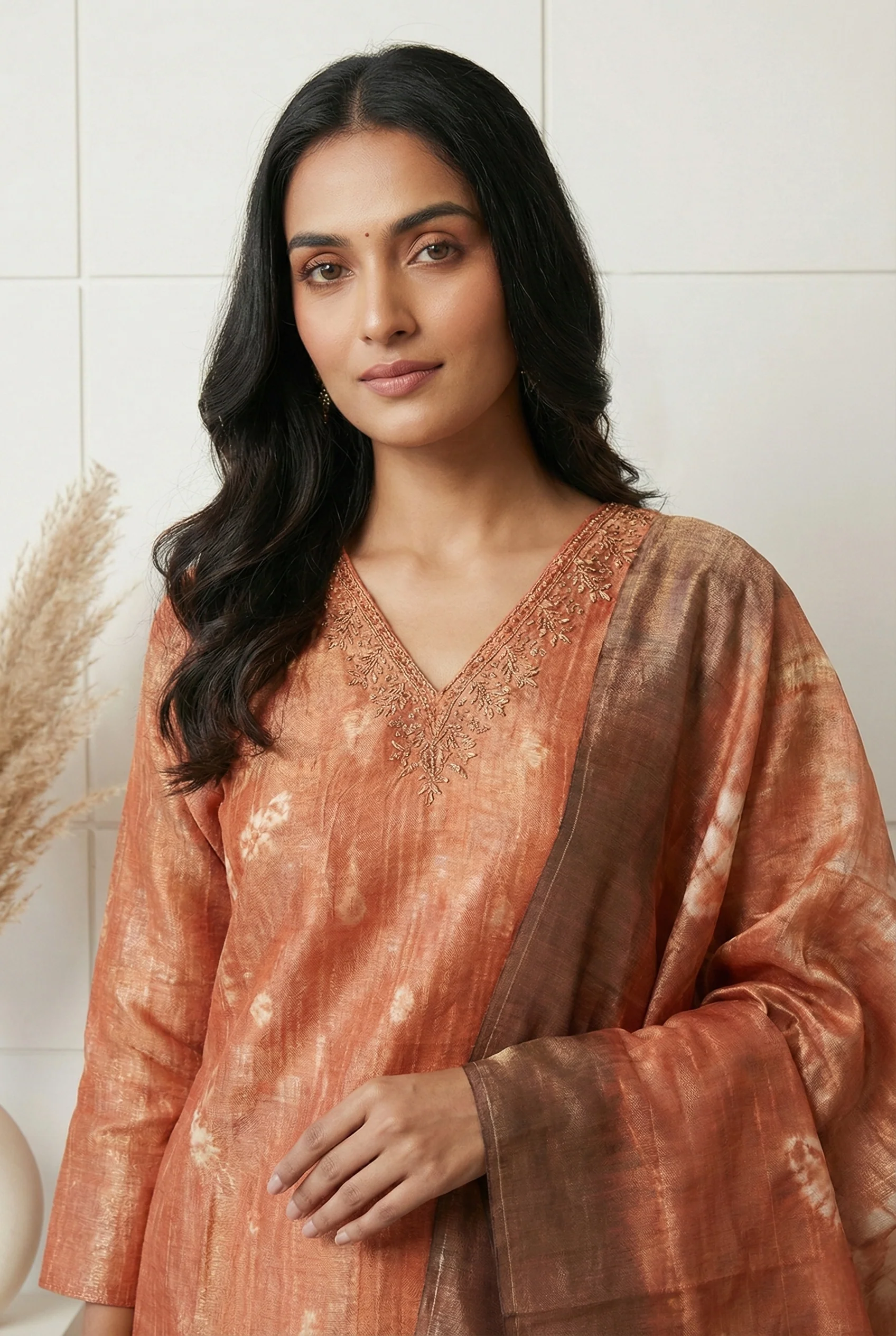 Peach Tissue Printed Three Piece Set - Image 2