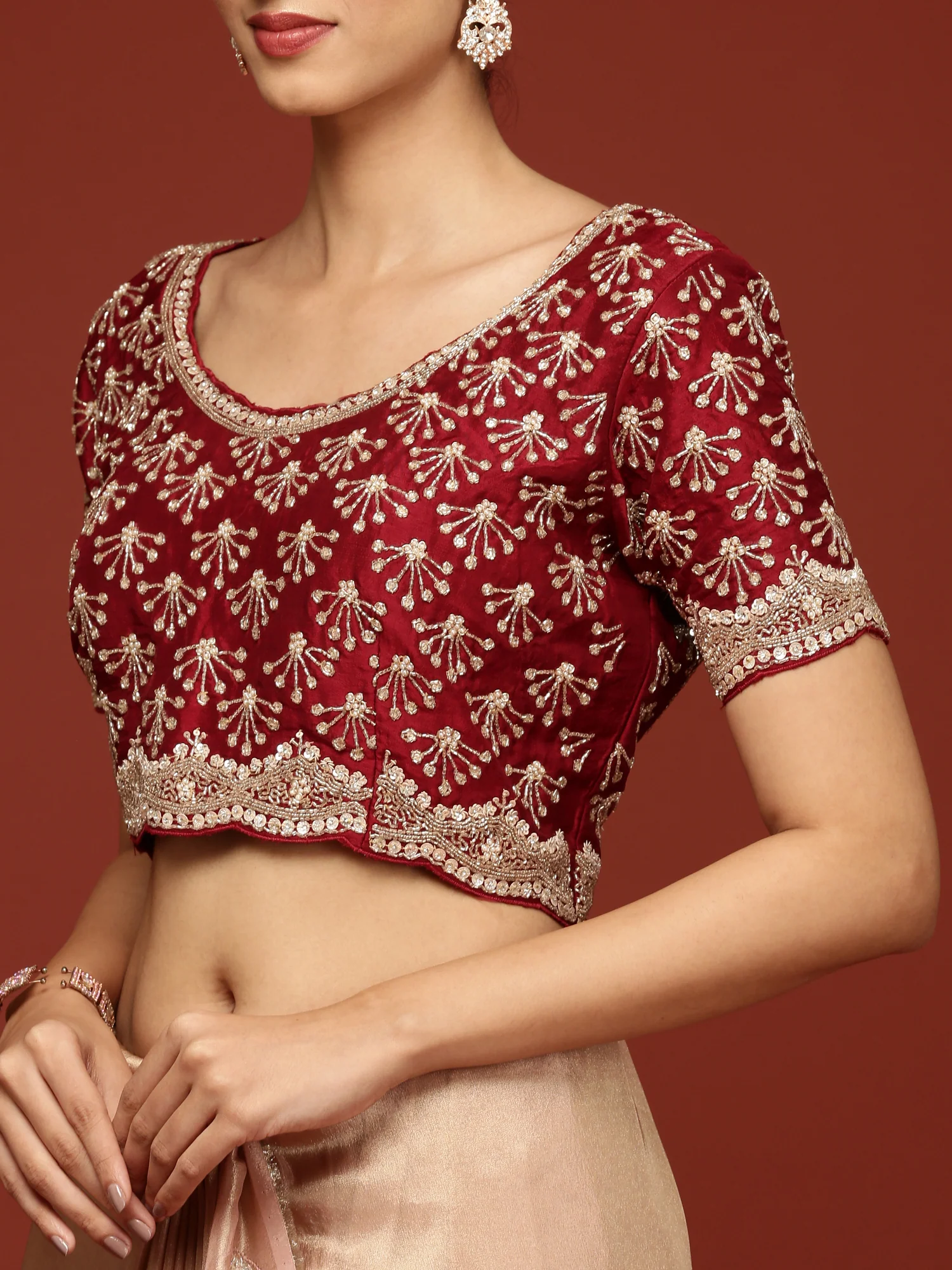 Peach Tissue Saree With Stone Work Readymade Blouse - Image 7