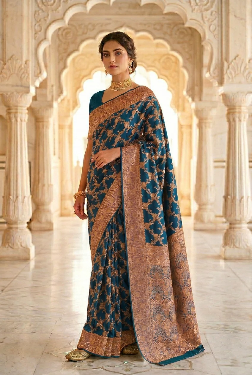 Peacock Banaras Floral Pattu Saree - Image 2