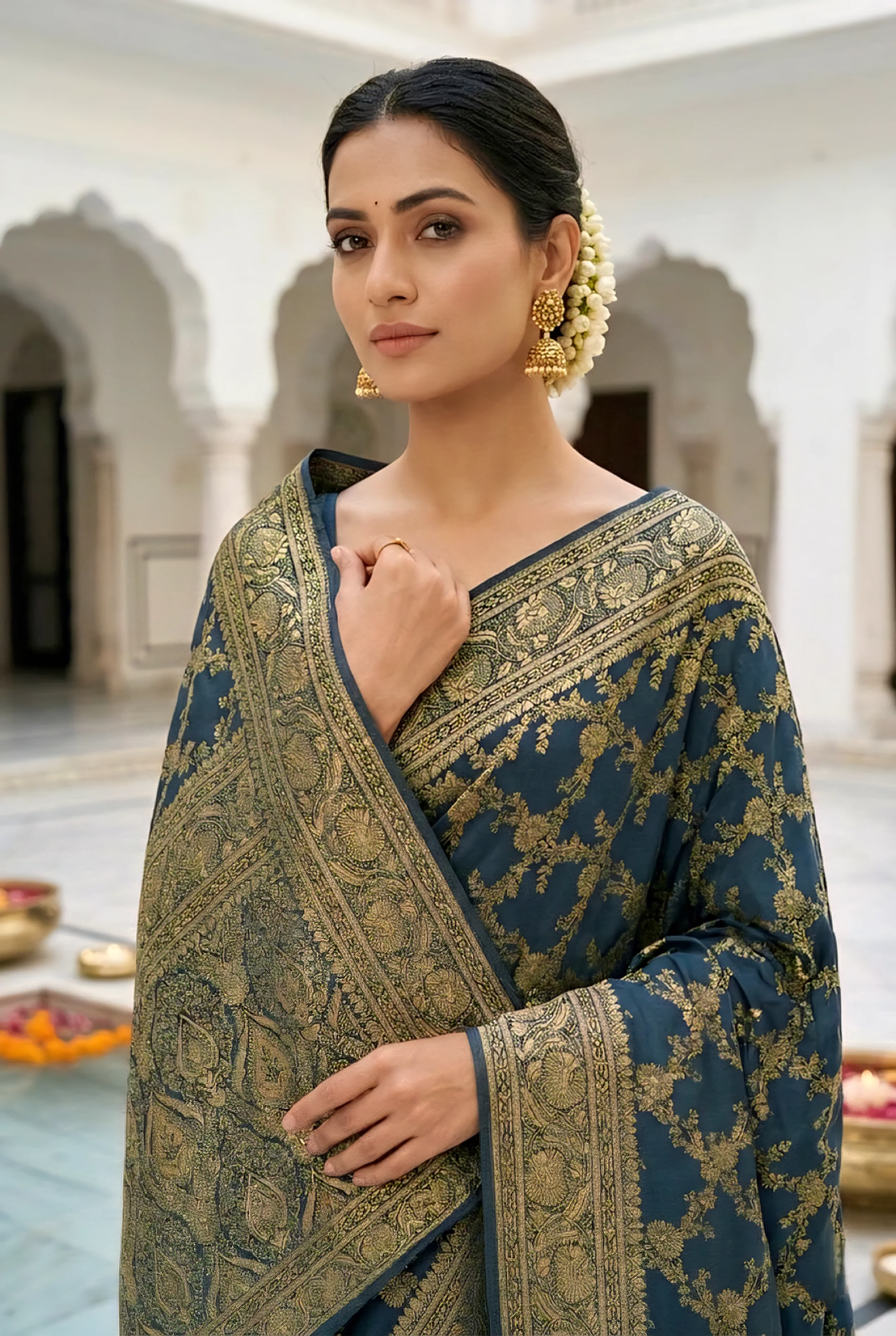 Peacock Banaras Floral Pattu Saree - Image 2
