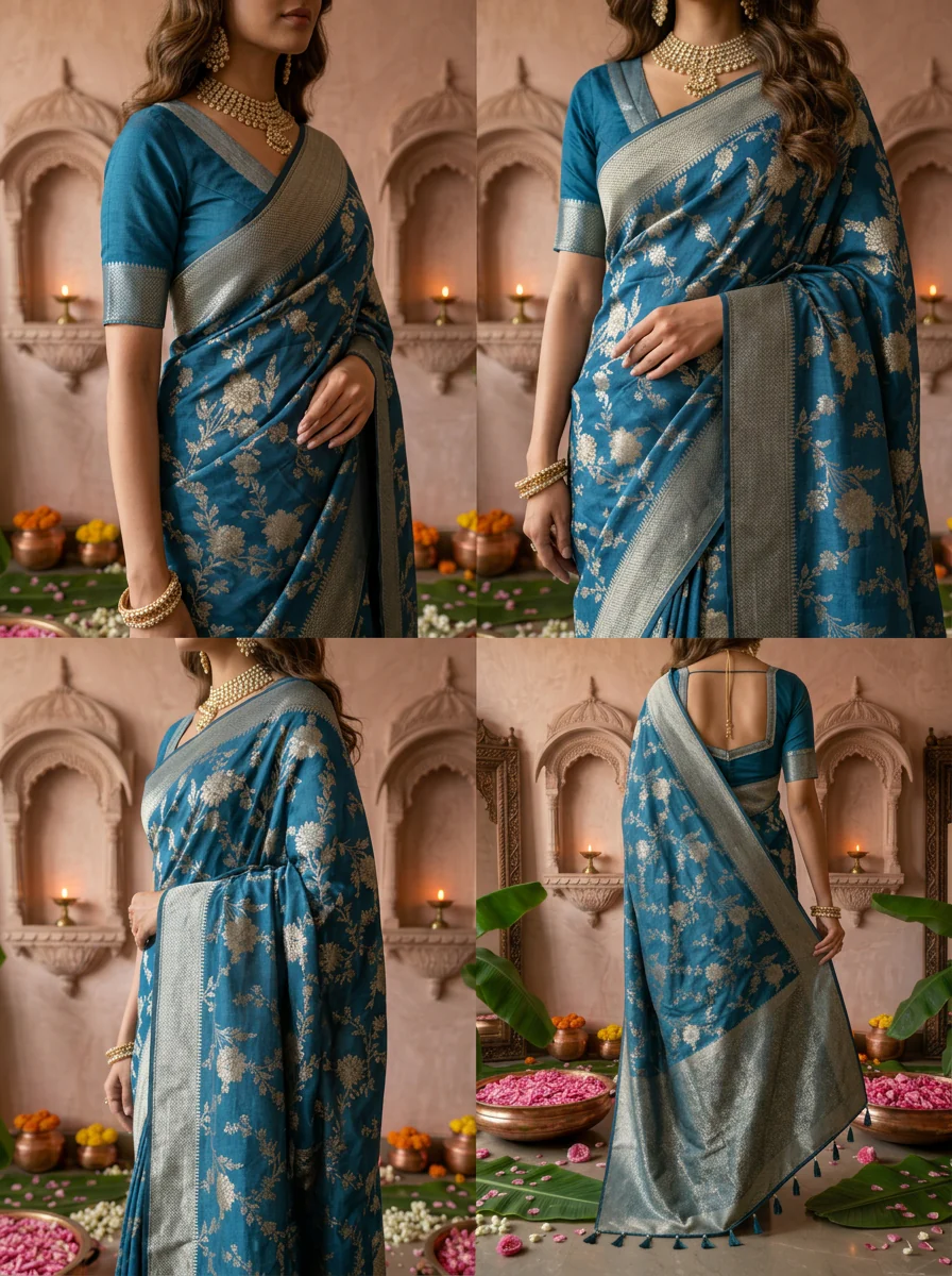 Peacock Banaras Floral Weaved Saree - Image 5