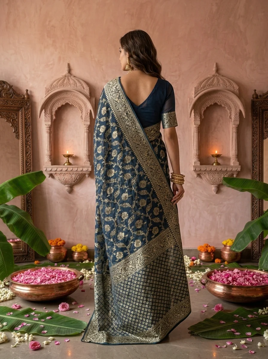 Peacock Banaras Weaved Floral Design Saree - Image 2