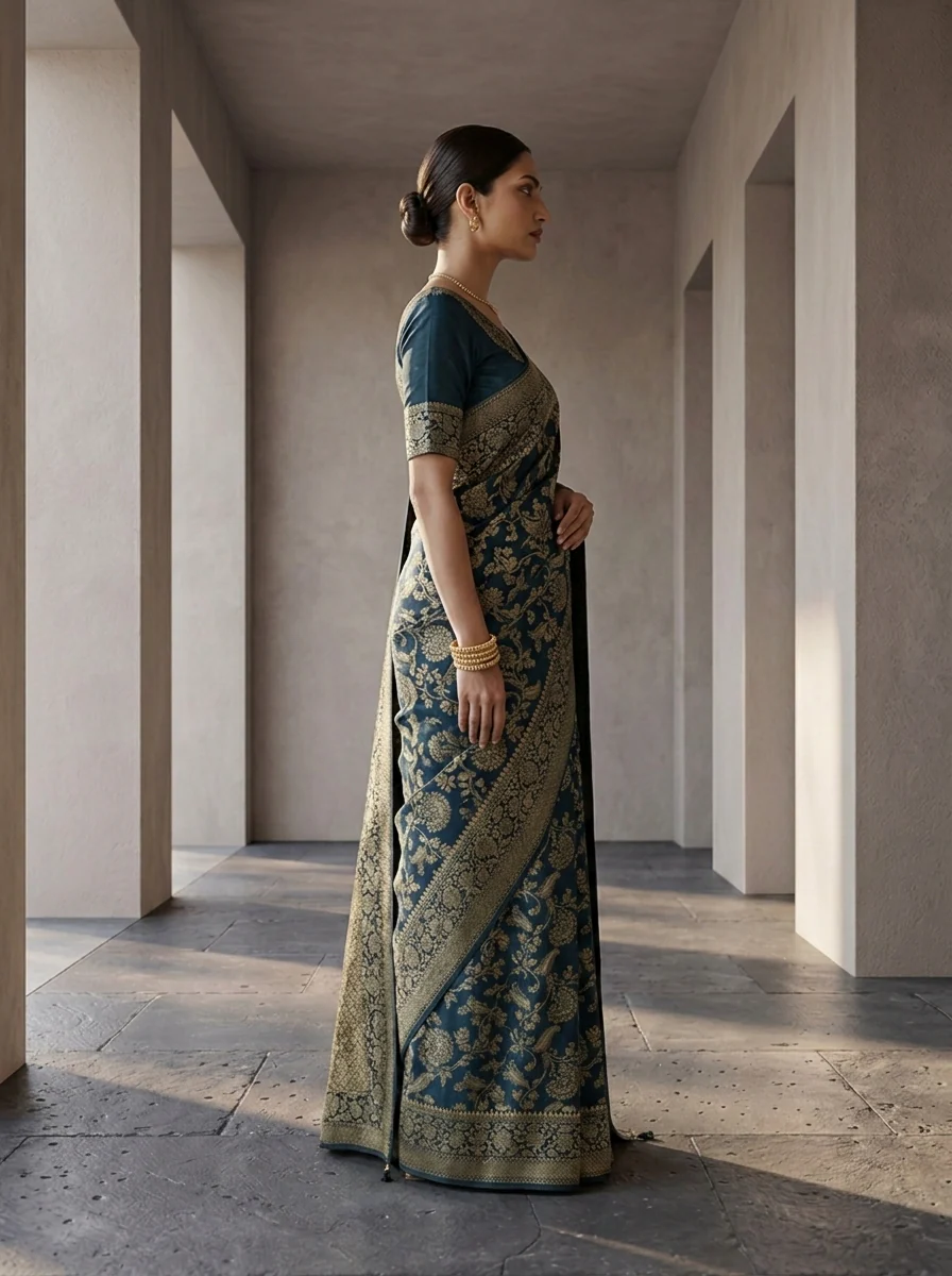 Peacock Banaras Weaved Saree With Floral Design - Image 3