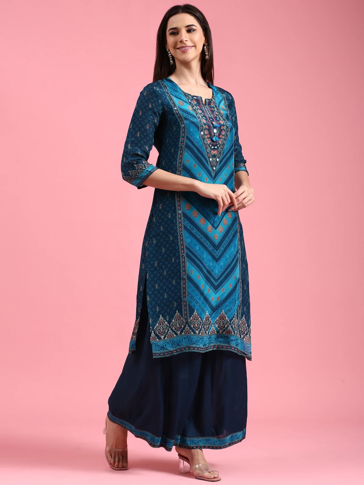 Peacock Blue Crepe Printed Three Piece Suit Set - Image 2