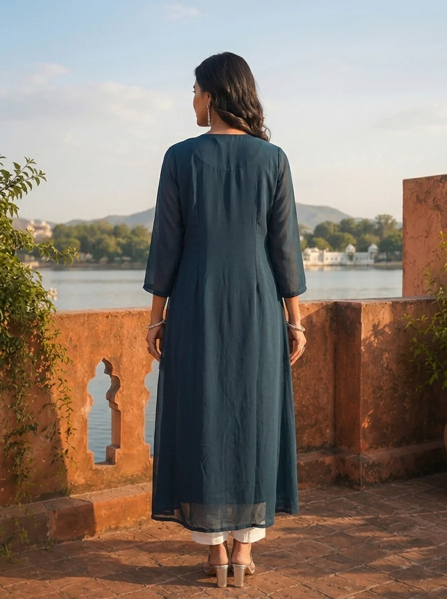 Peacock Georgette Bandhani Printed Dress - Image 3