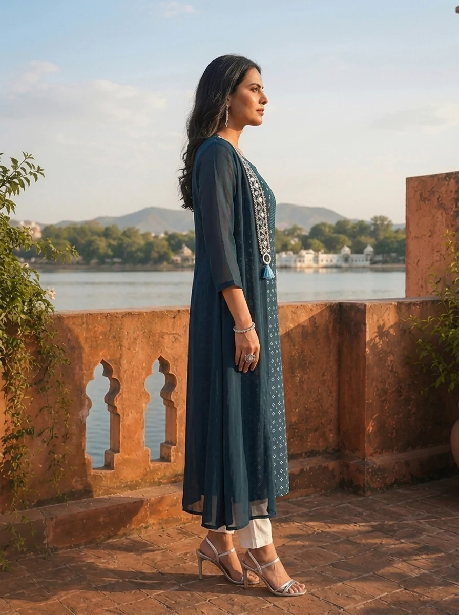Peacock Georgette Bandhani Printed Dress - Image 4
