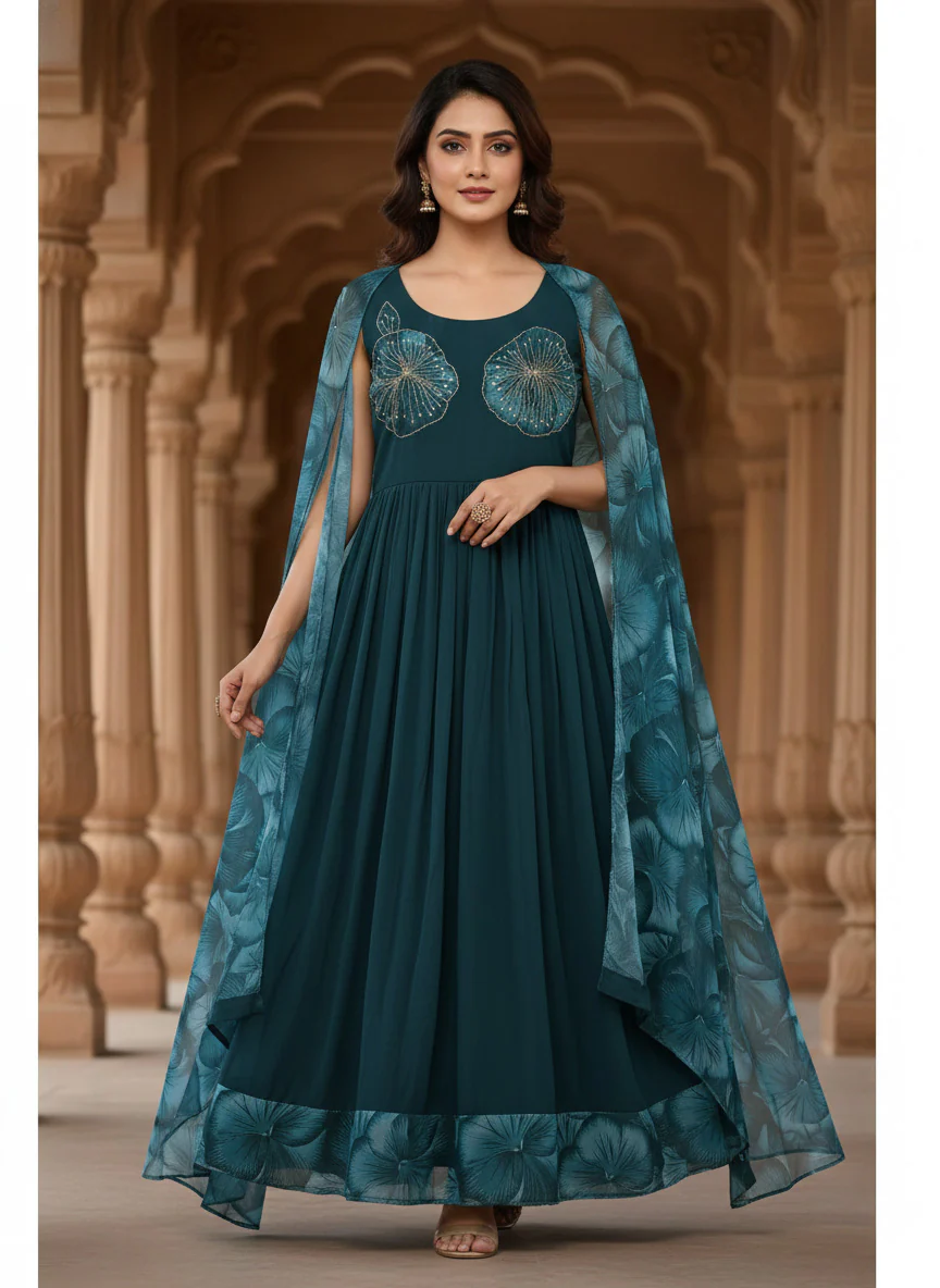Peacock Georgette Floral Printed Long Dress - Image 3